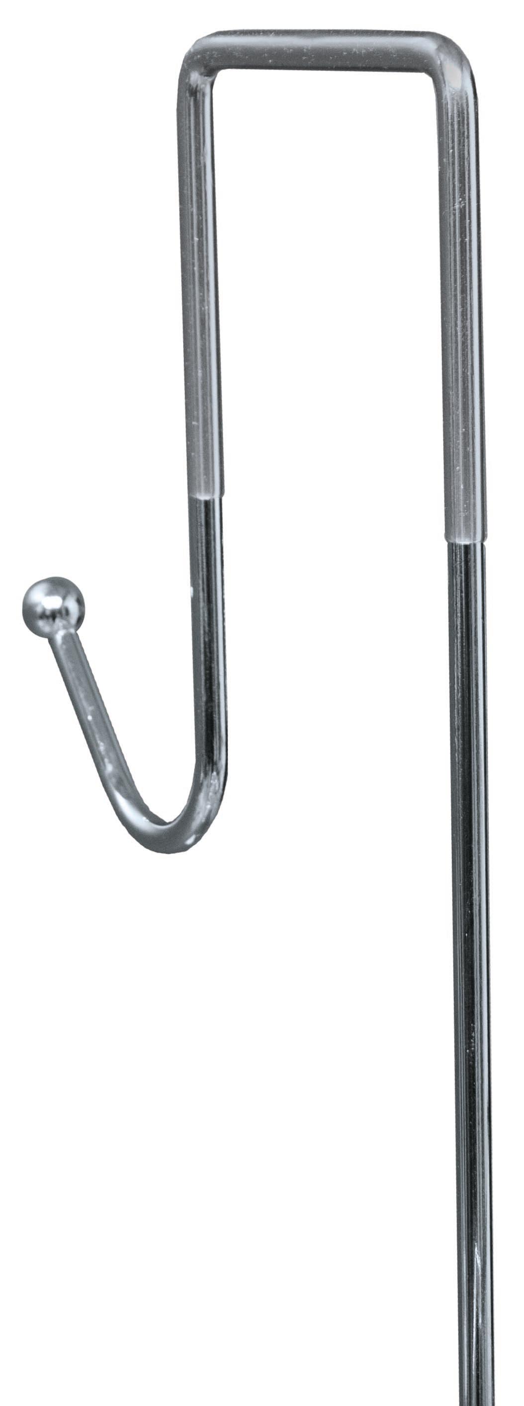 Silberner Duschvorhanghaken aus Metall mit abgerundeter Spitze und rechteckiger Aufhängung.