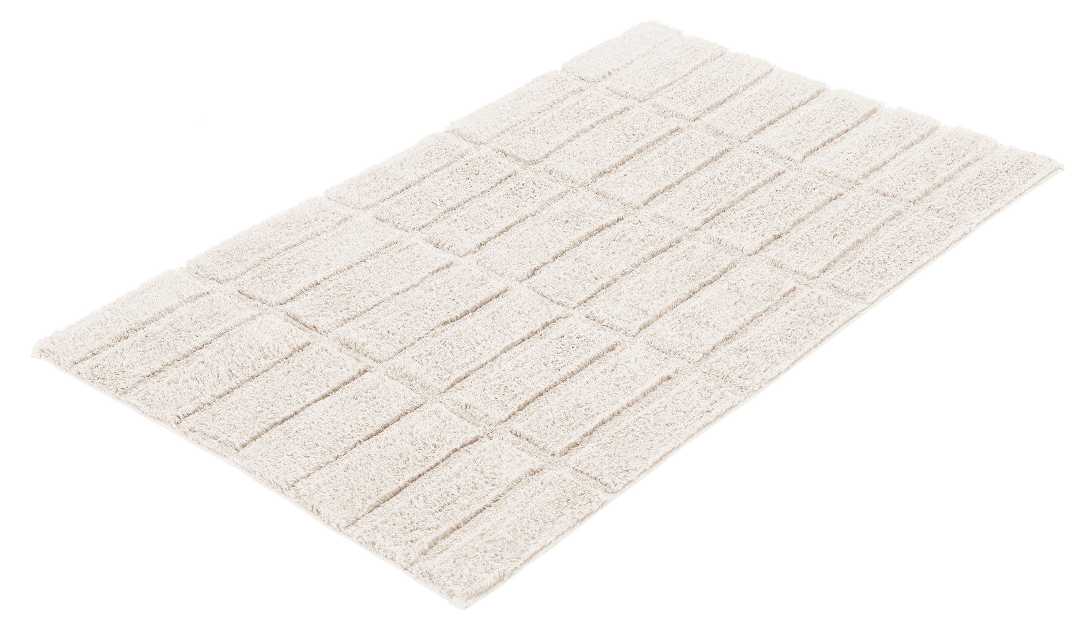 Weißer, rechteckiger Badteppich mit weicher, flauschiger Oberfläche und modernem Kachelmuster. Perfekt für jedes Badezimmer.