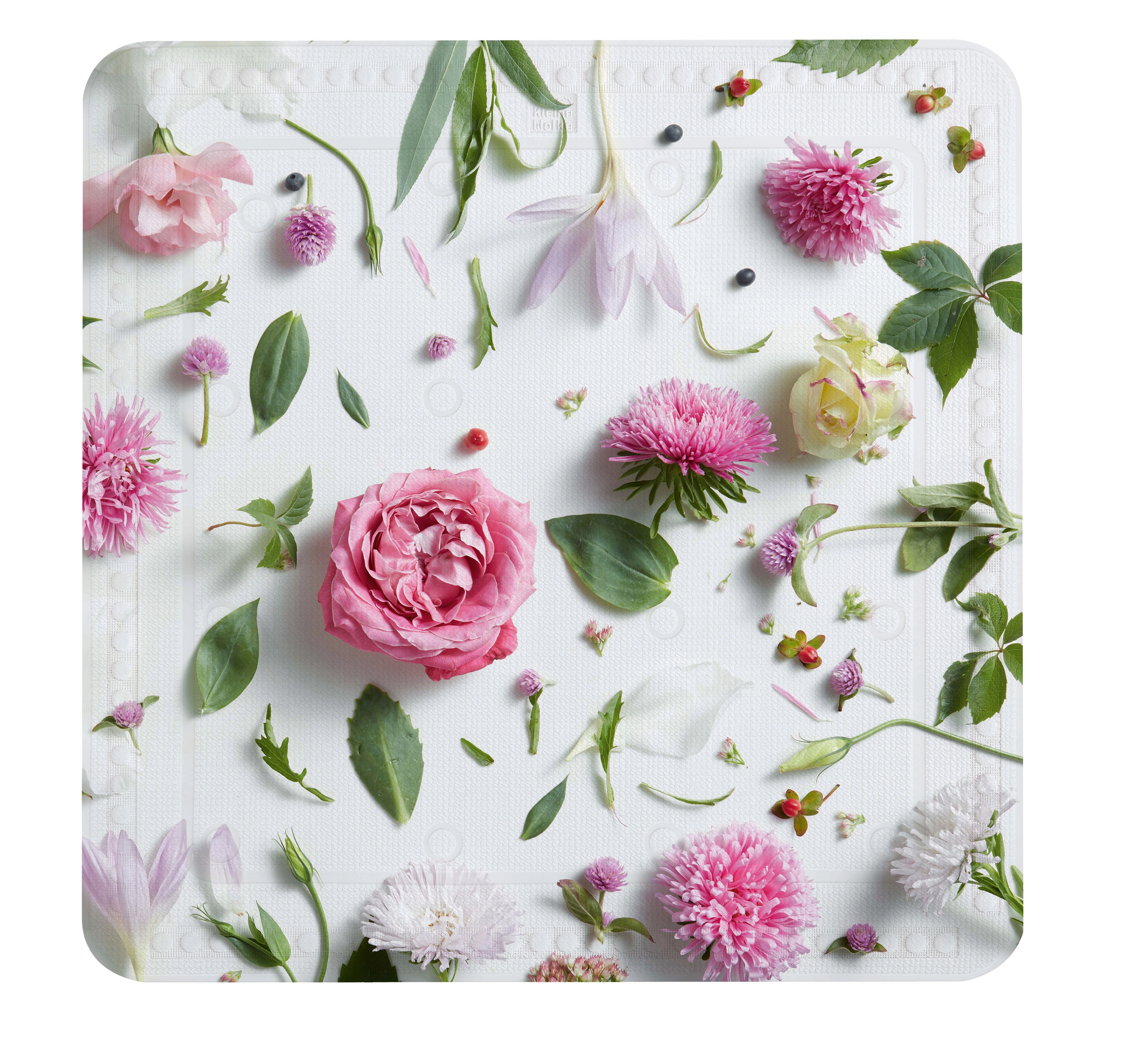 Duschvorhang mit romantischem Blumenmuster in Rosa und Grün, ideal für ein frisches und stilvolles Badezimmer.