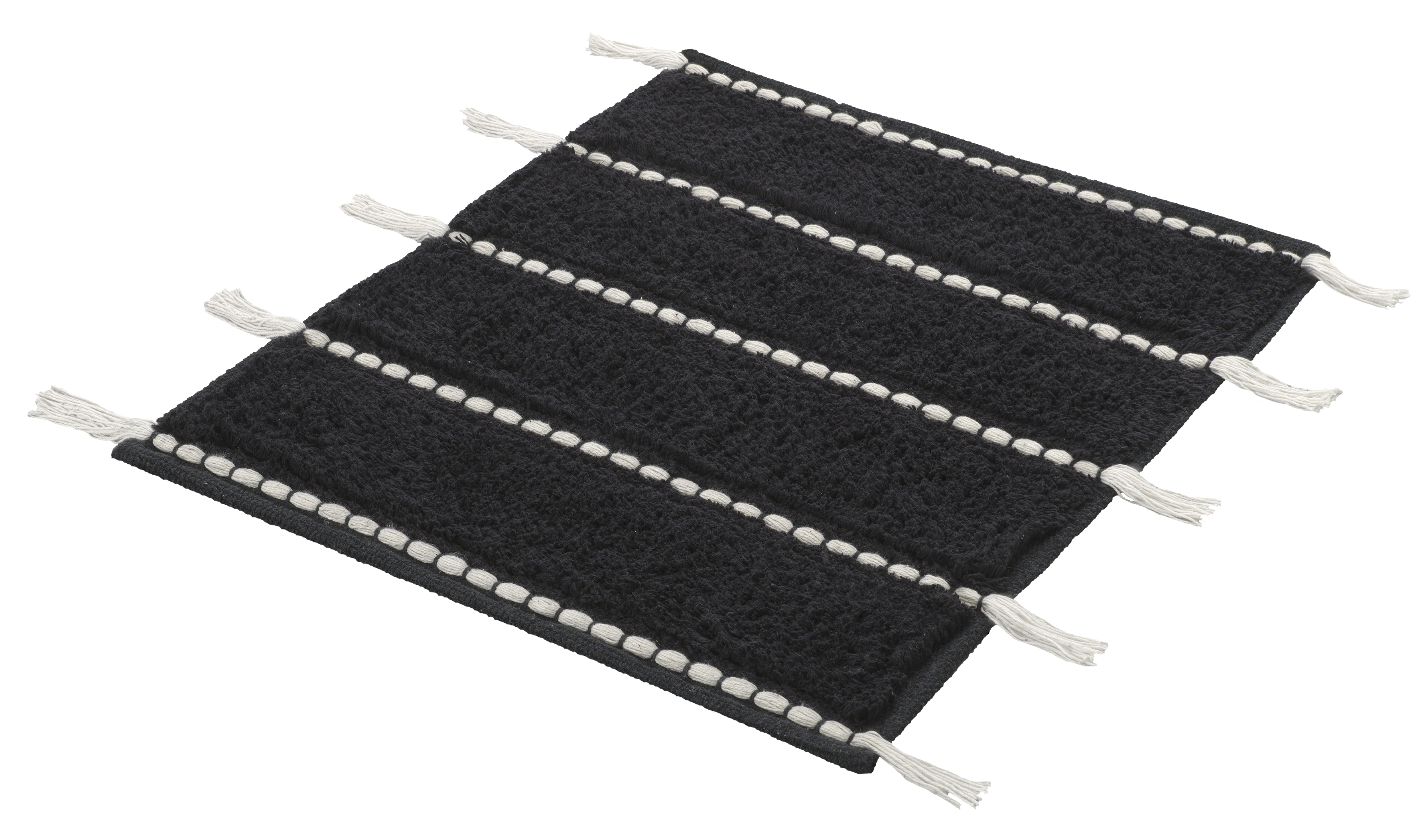 Schwarzer Teppich mit weißen Streifen und Fransen, modernes Design, ideal für Wohn- und Schlafzimmer.