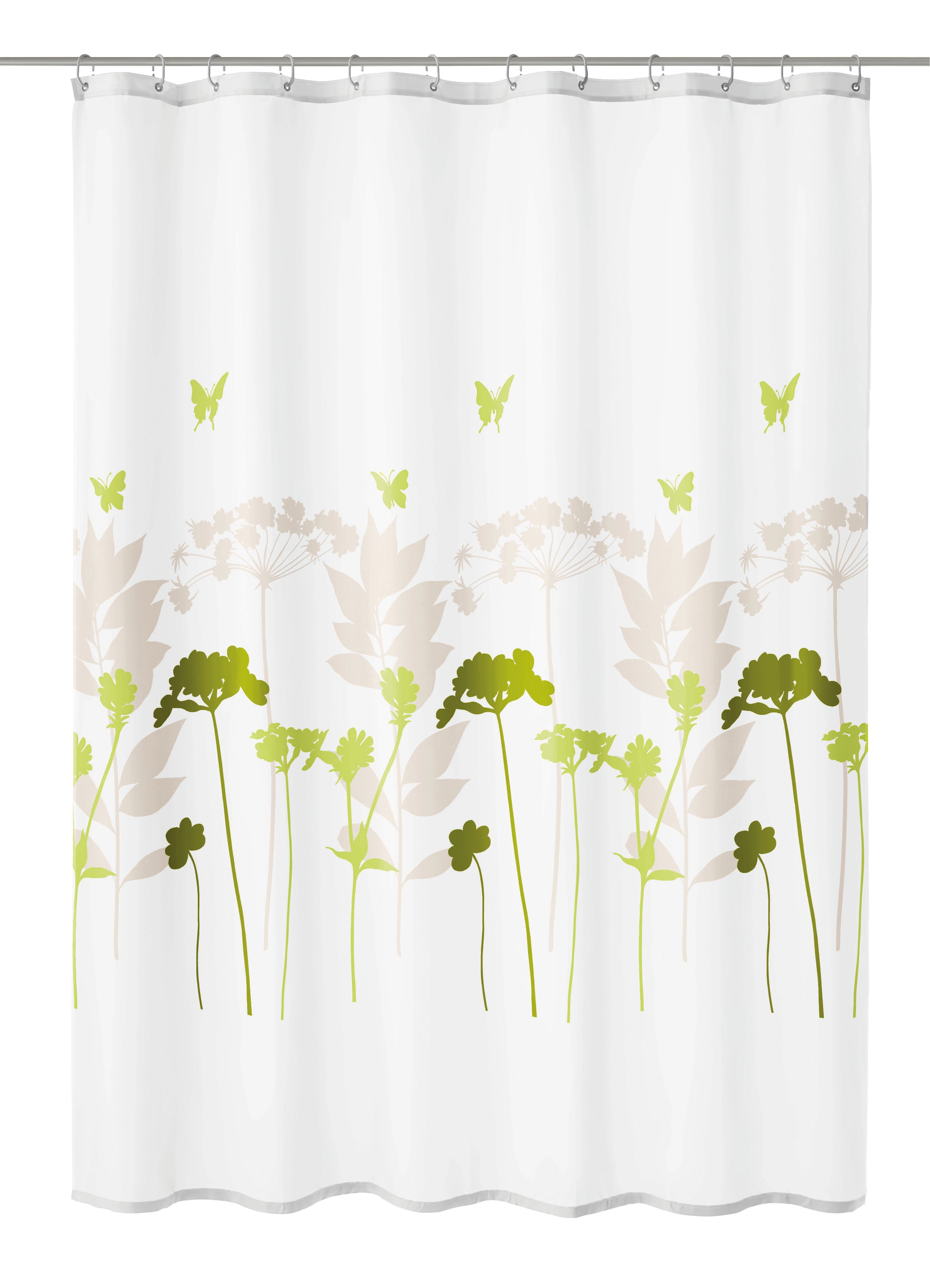 Duschvorhang mit floralem Design in Grün und Beige, verziert mit Schmetterlingen auf weißem Hintergrund.