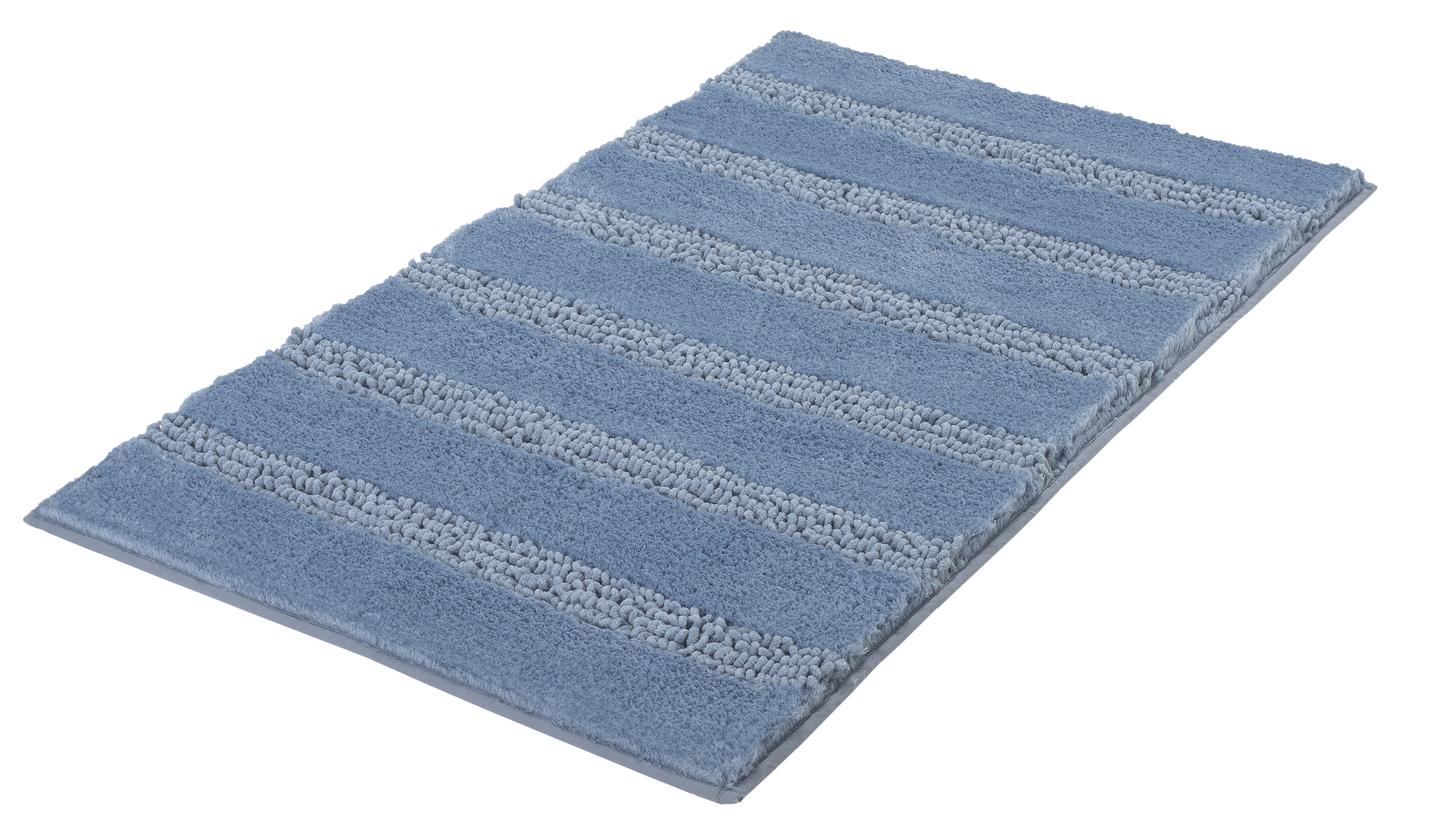 Blaue Badematte mit Streifenmuster, weiche Textur, rutschfeste Unterseite, ideal für Badezimmer.