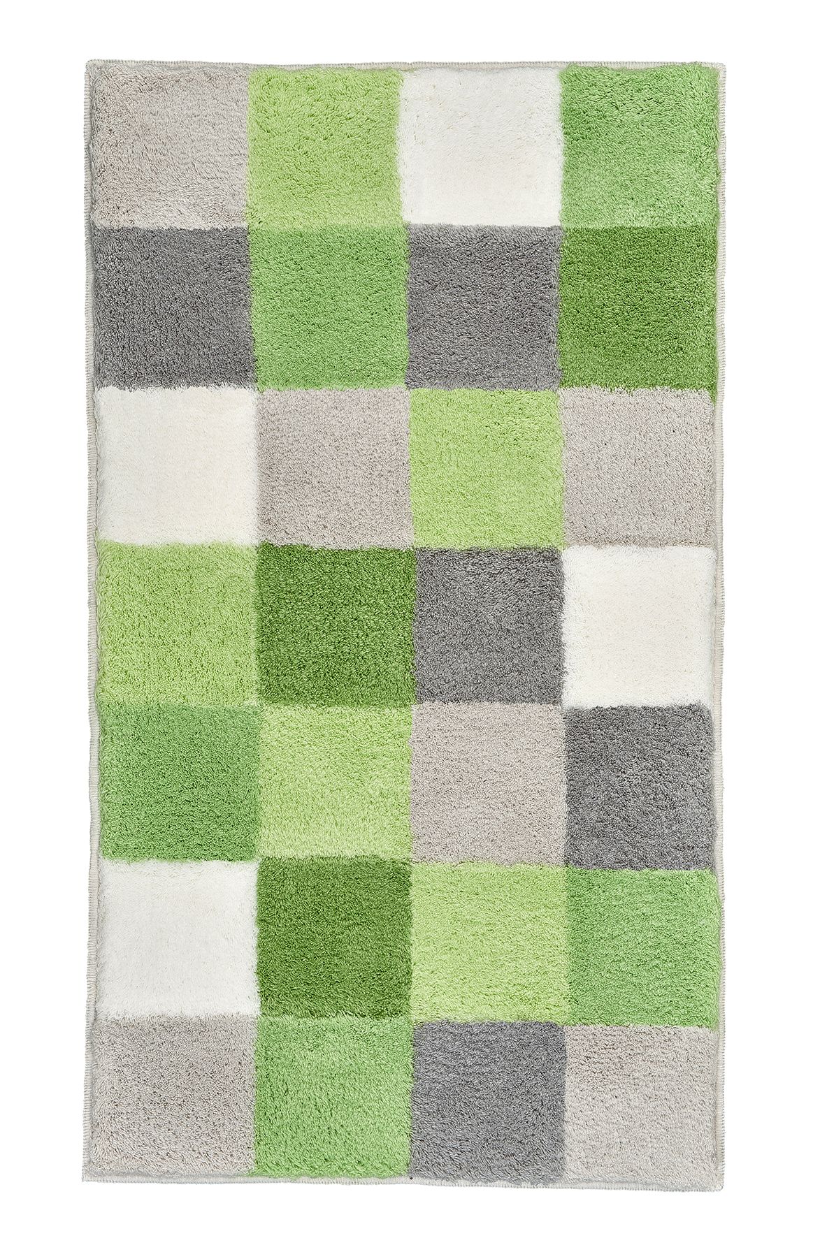 Badezimmerteppich mit Karomuster in Grün-, Grau- und Weißtönen. Weiche, flauschige Textur für ein angenehmes Gefühl.