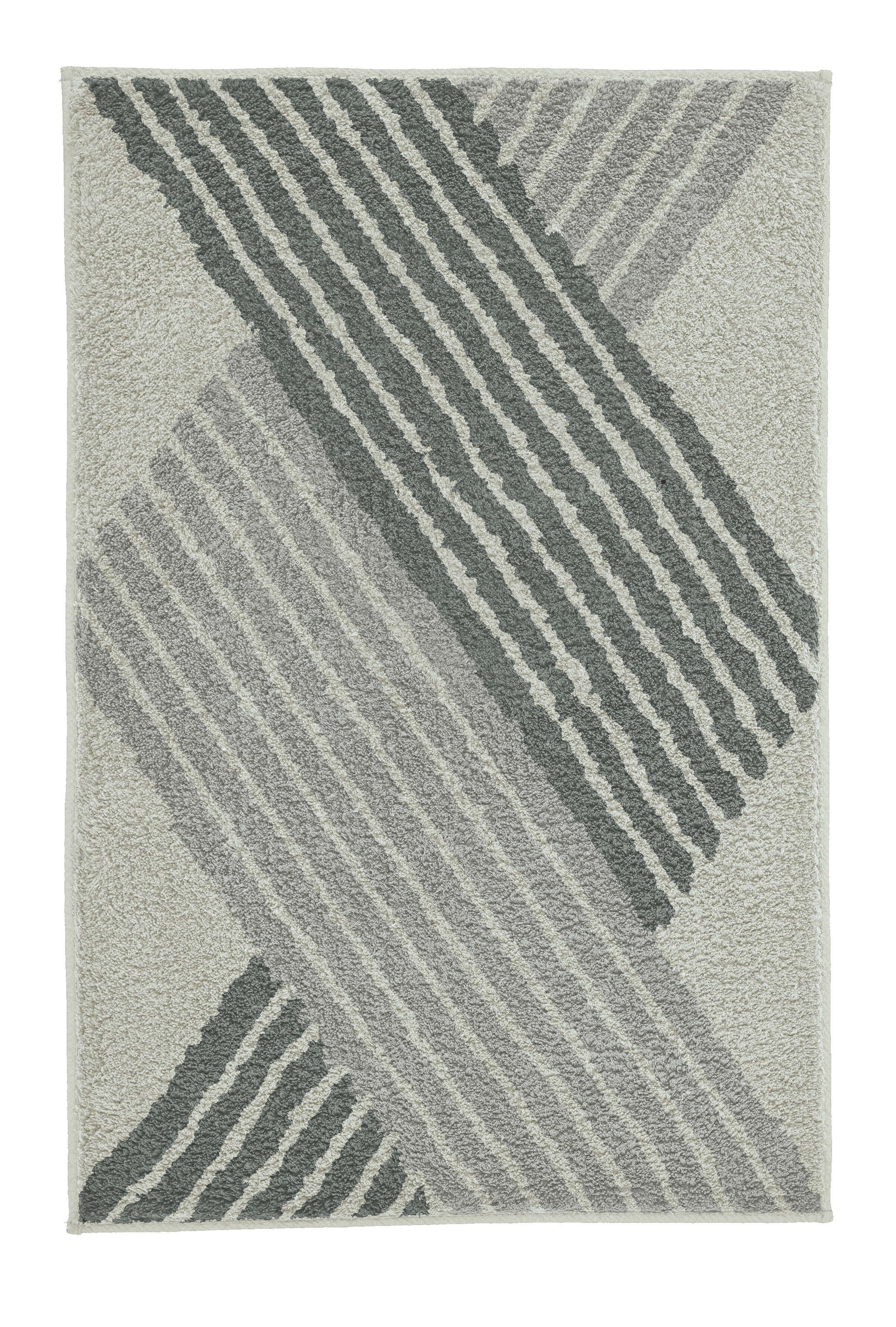 Moderner Badteppich in Grau- und Grüntönen mit geometrischem Streifenmuster, weiche Textur, rutschfeste Rückseite.