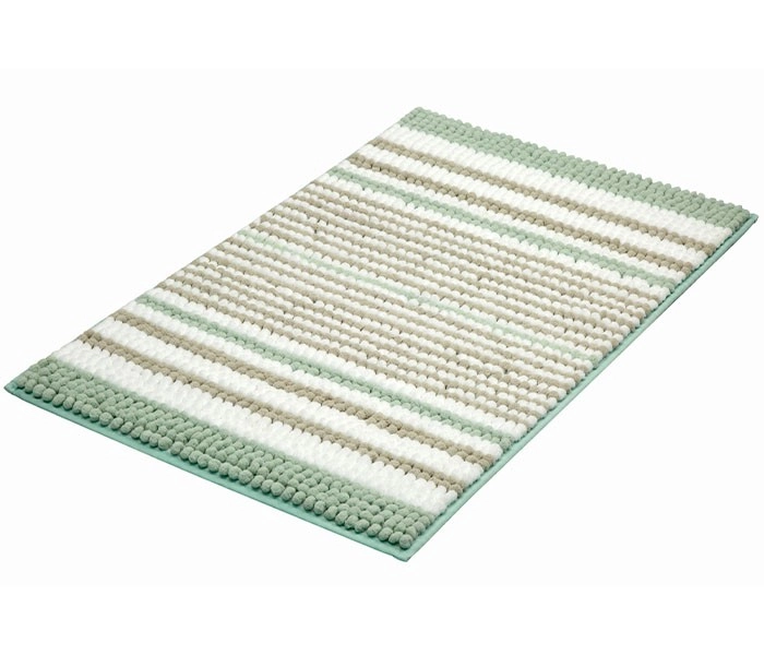 4004478324879 Badematte mit Streifenmuster in Grün, Beige und Weiß, weiche Textur, ideal für Badezimmer.