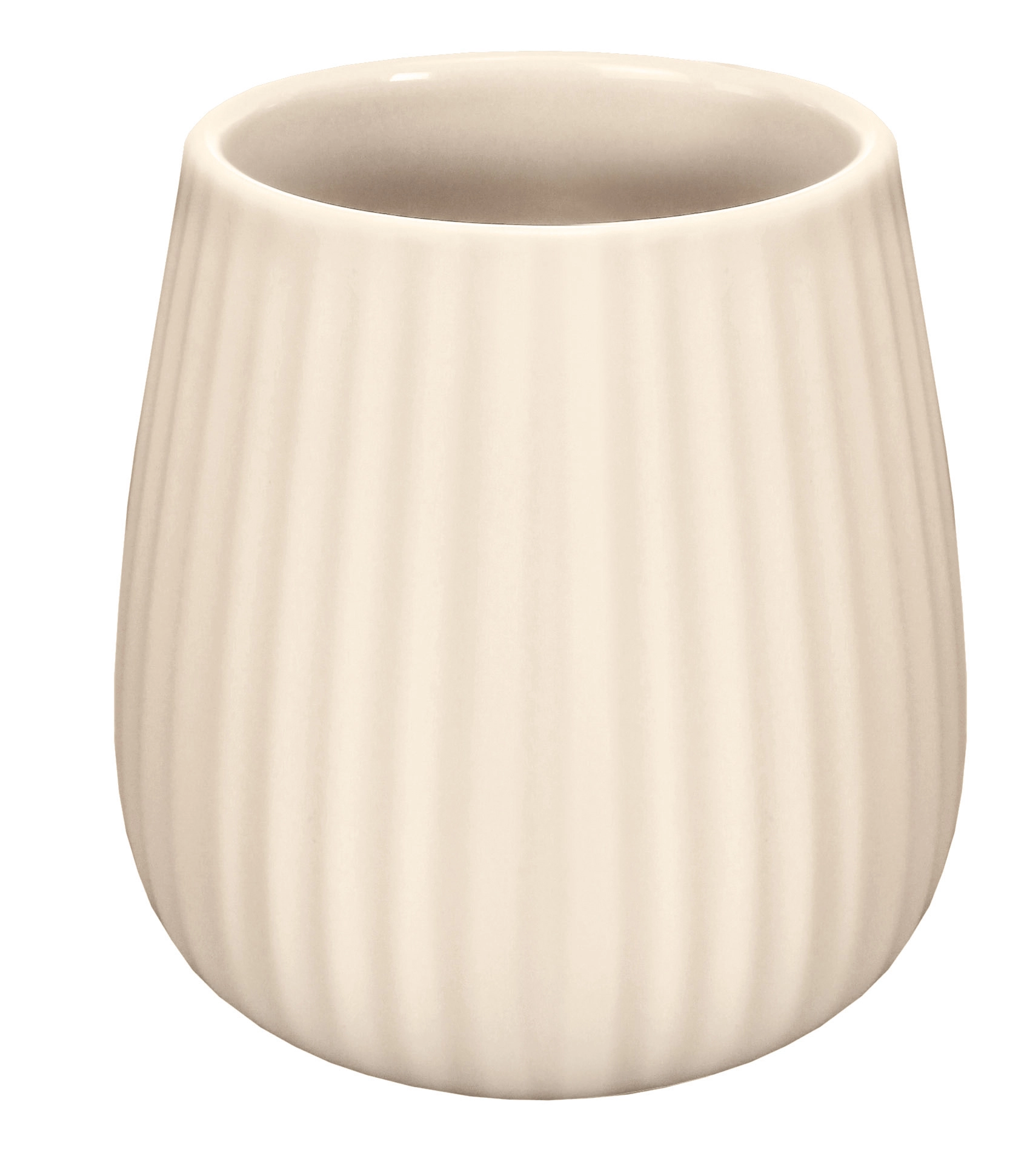 Eleganter, cremefarbener Zahnputzbecher aus Keramik mit geriffelter Oberfläche. Ideal für stilvolle Badezimmer.