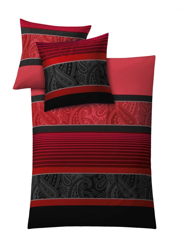 4004478229037 Bettwäsche-Set in Rot und Schwarz mit Paisley- und Streifenmuster. Hochwertige Materialien für optimalen Schlafkomfort.