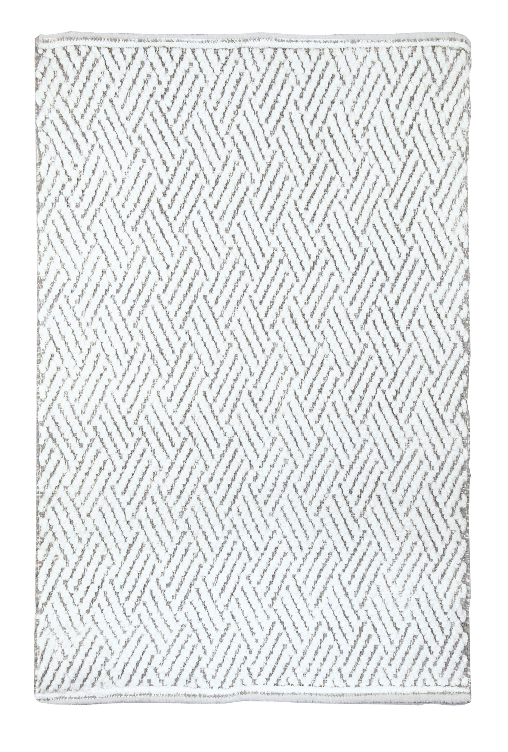 Badteppich SWITCH Macadamia 70 x 120 cm Weißer Badteppich mit grauem, geometrischem Muster in Fischgrätoptik, weiche Textur, rutschfeste Unterseite.