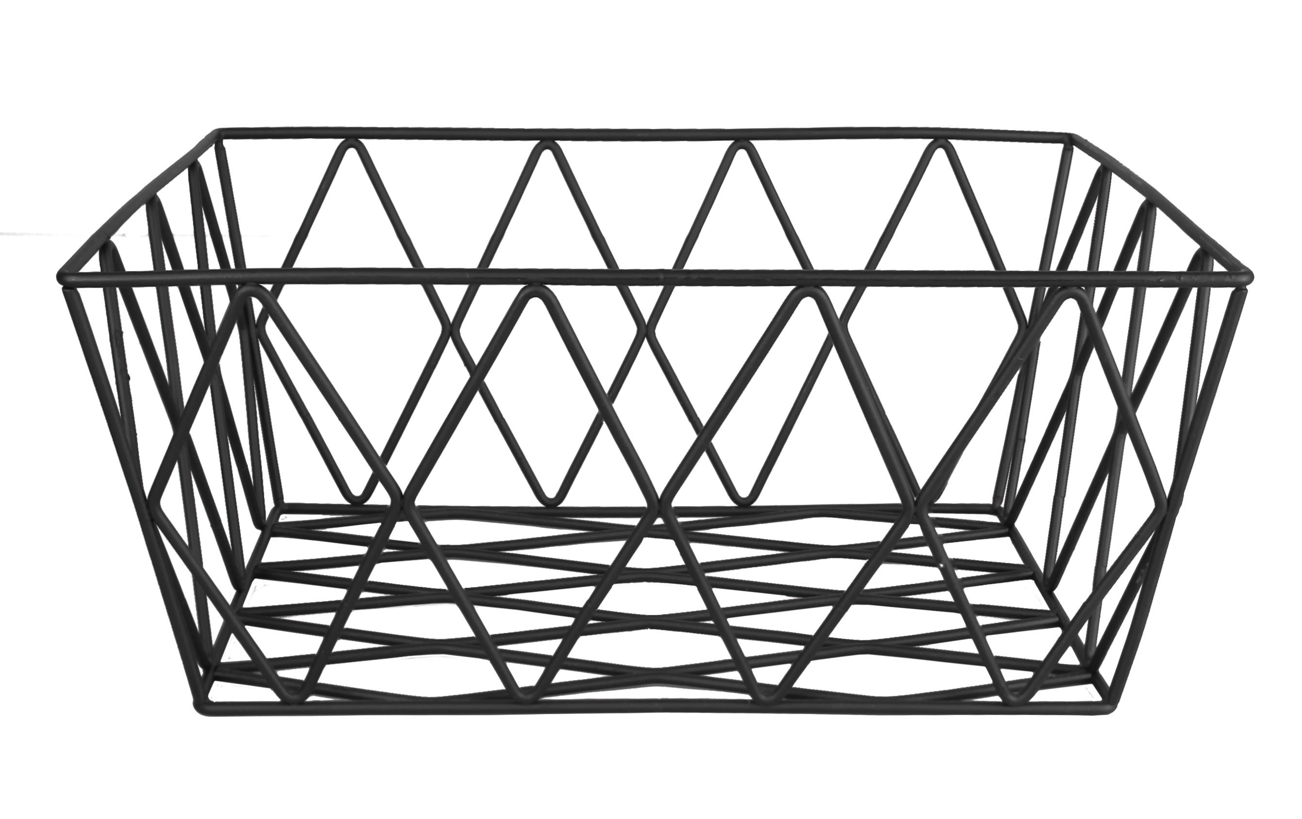 Schwarzer Drahtkorb mit geometrischem Design, ideal zur Aufbewahrung und Dekoration in jedem Raum.