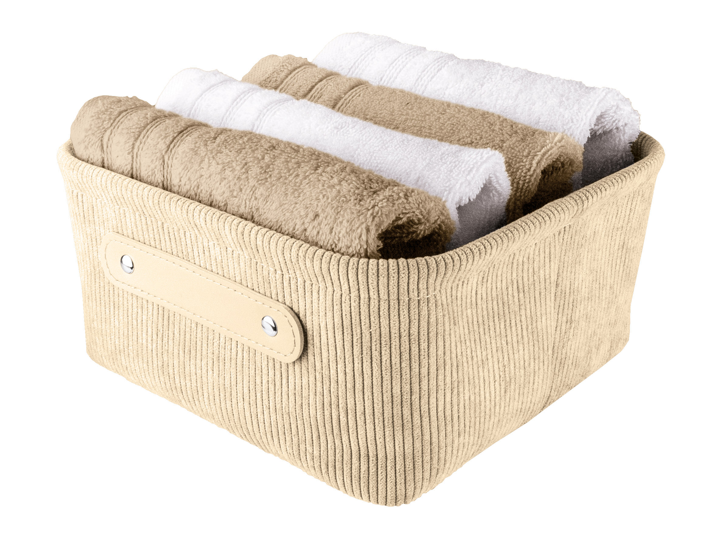 Beiger Aufbewahrungskorb aus Stoff mit vier gefalteten Handtüchern in Weiß und Beige, ideal für Badezimmer oder Schlafzimmer.