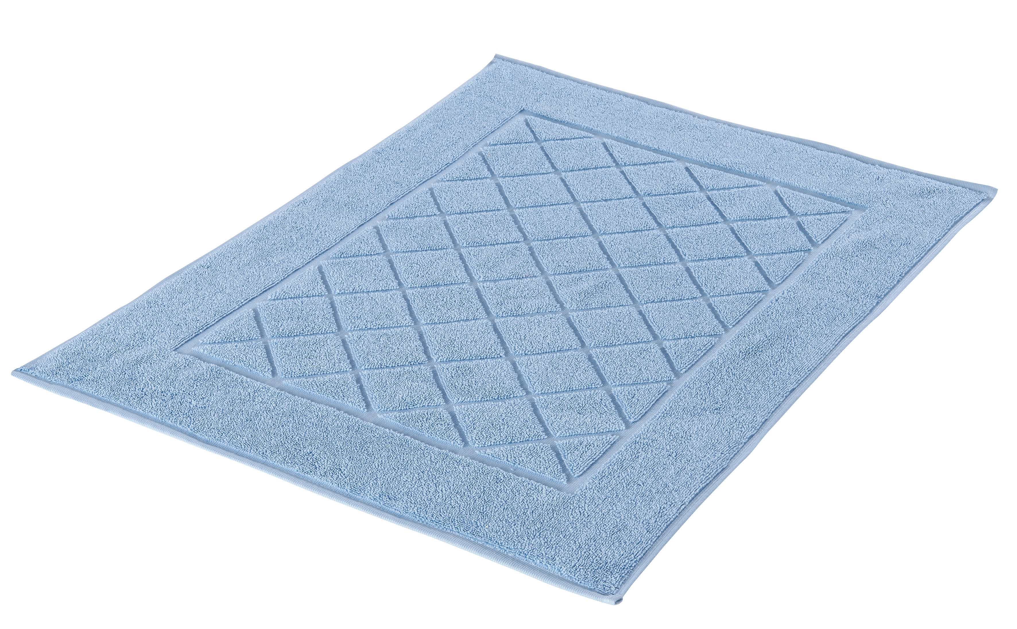 Hellblaue Badematte mit rautenförmigem Muster und weicher Textur. Ideal für Badezimmer und Wellnessbereiche.