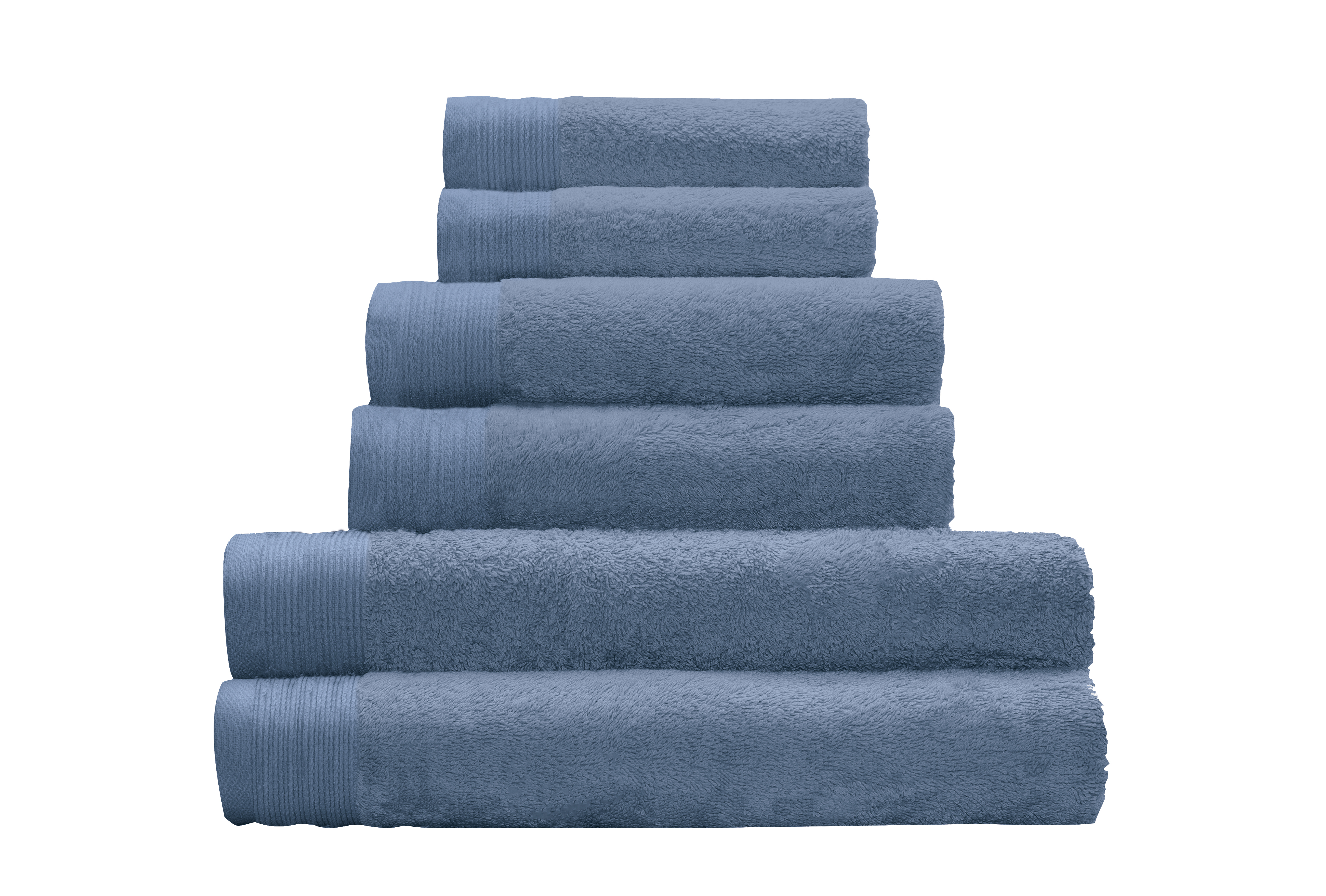Frottier Handtuch BAO Mare 50x100 cm Weiches, blaues Handtuch-Set aus Baumwolle, bestehend aus sechs Handtüchern in verschiedenen Größen, gestapelt dargestellt.
