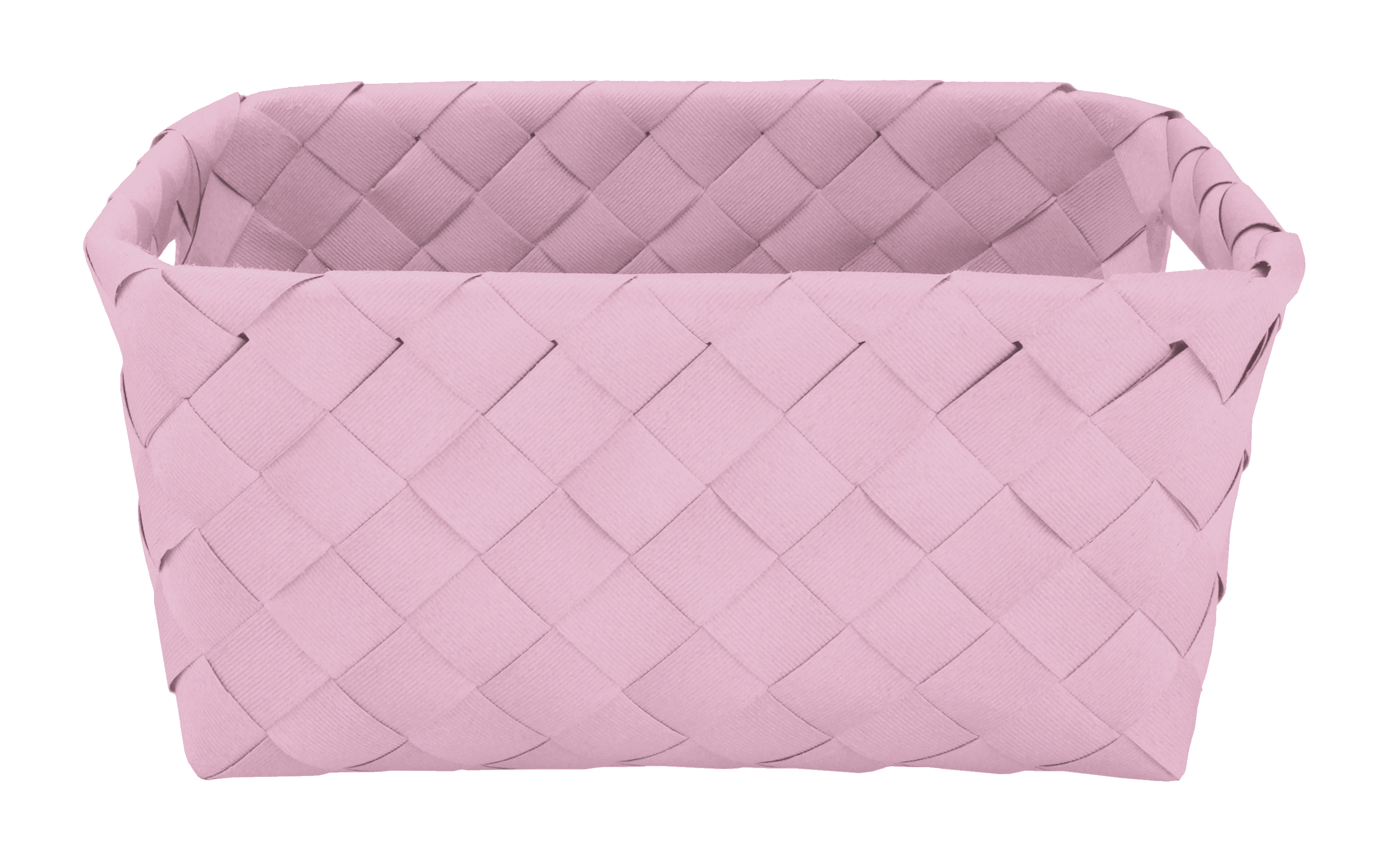 Rosa Aufbewahrungskorb aus geflochtenem Material, ideal für die Organisation von Haushaltsgegenständen.