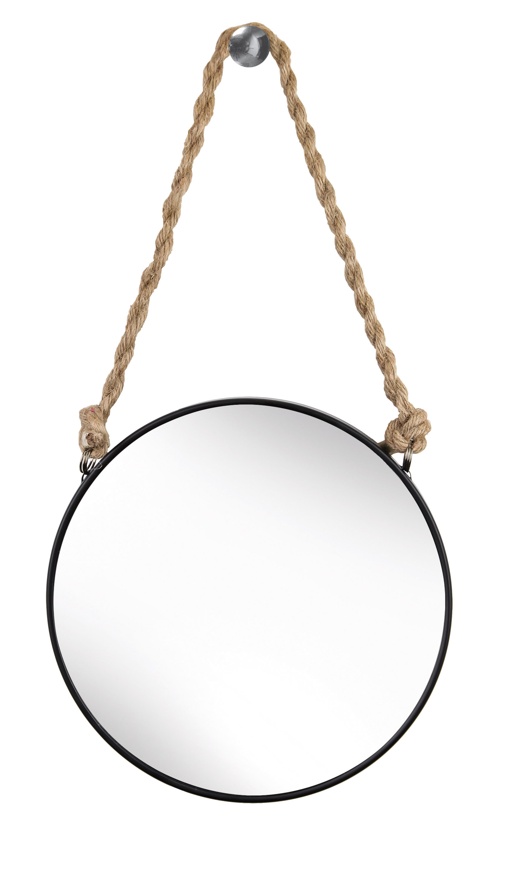 Kosmetikspiegel ROPE MIRROR Schwarz Runder Spiegel mit schwarzem Rahmen und rustikalem Seil zum Aufhängen, ideal für moderne und minimalistische Wohnräume.