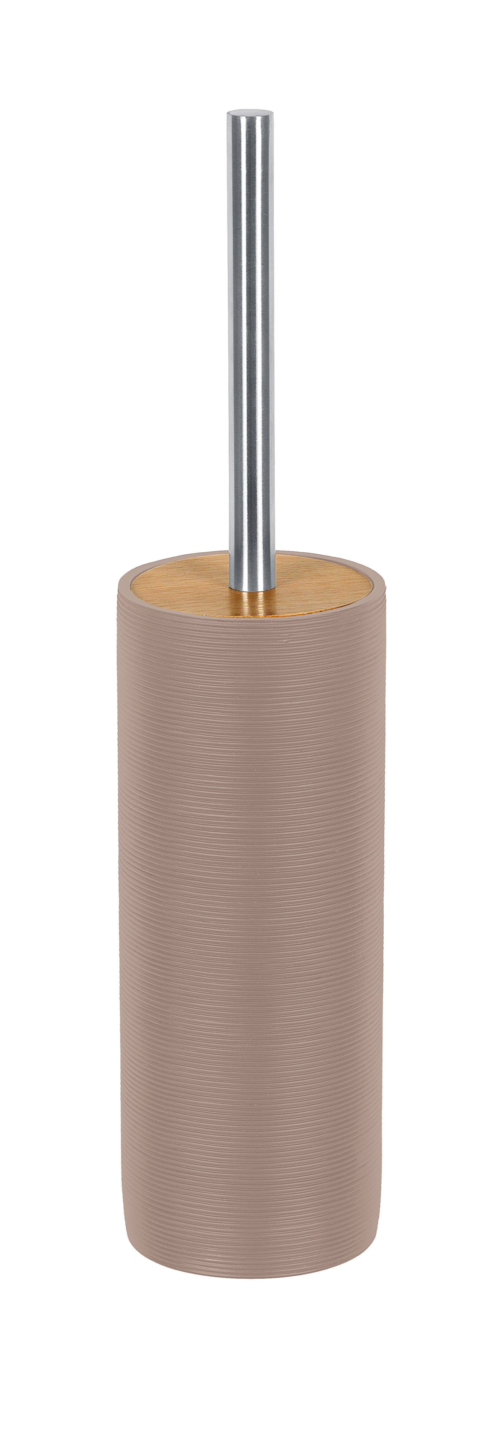 Toilettenbürstenhalter in modernem Design, beige mit Holzdeckel und Edelstahlgriff. Ideal für stilvolle Badezimmer.