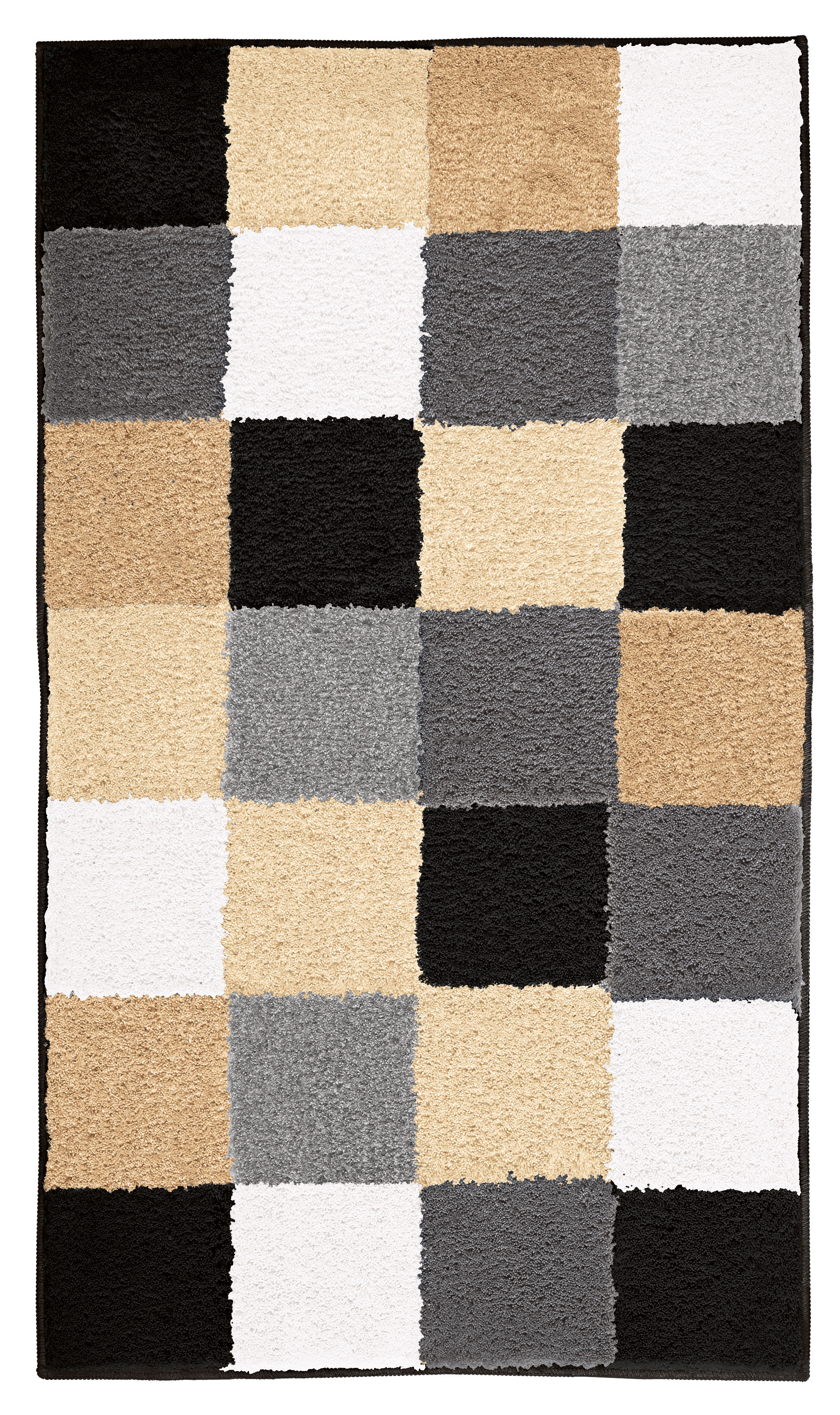Badematte mit modernem Karomuster in Beige-, Grau- und Schwarztönen, weiche Textur, ideal für stilvolle Badezimmer.