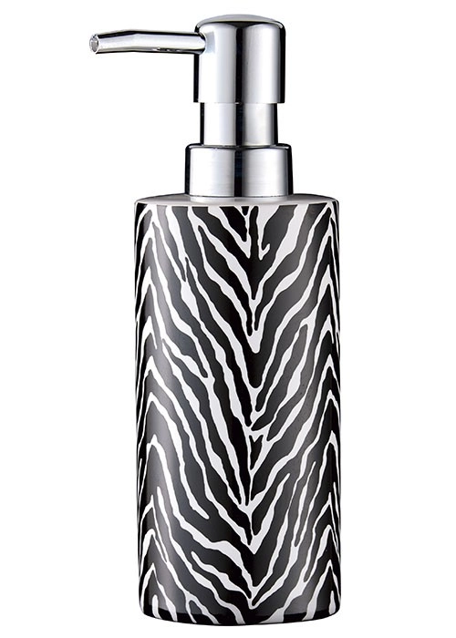 4004478316683 Seifenspender mit Zebra-Muster, silberner Pumpkopf, stilvolles Design für moderne Badezimmer.