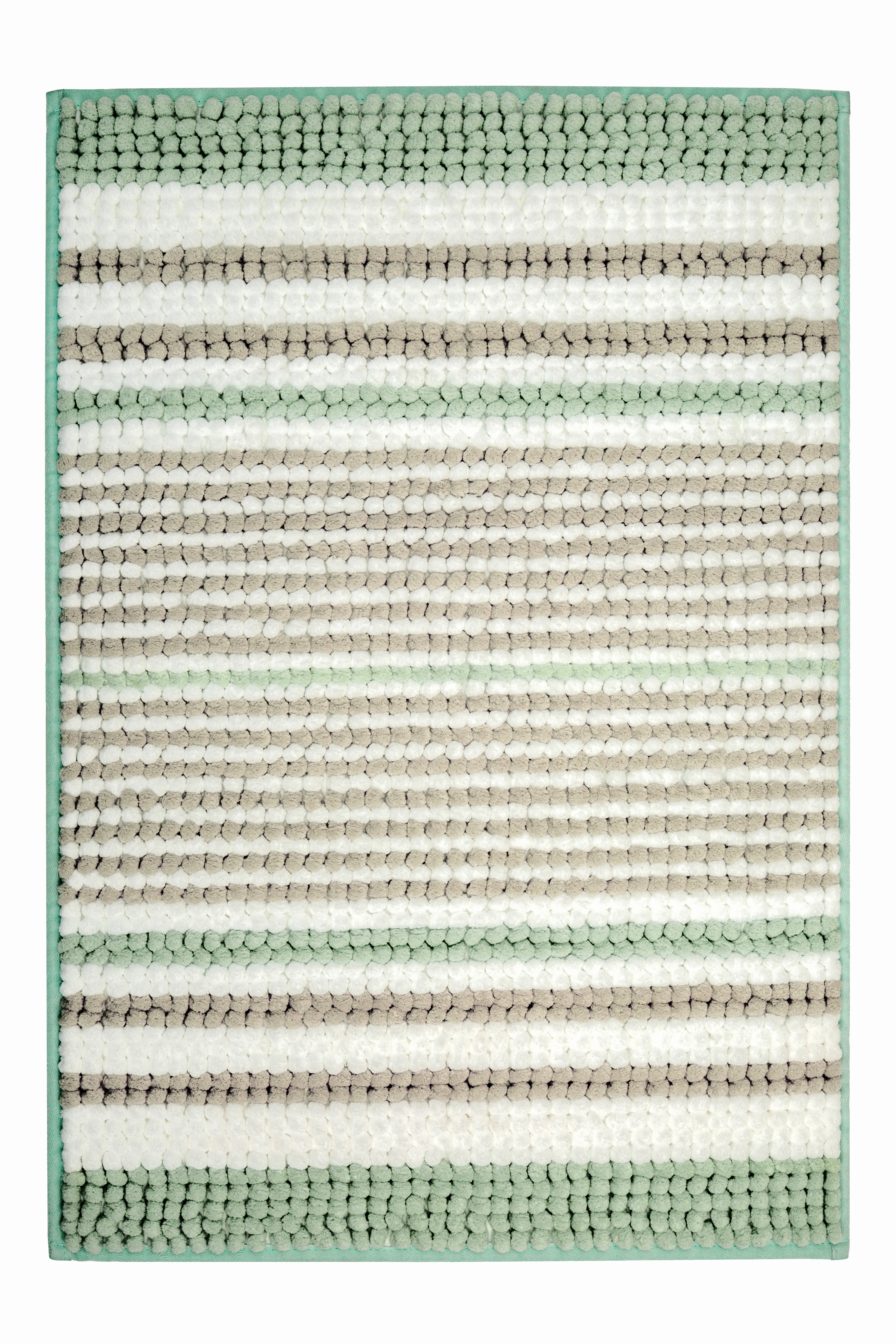 Quadratischer Badteppich mit Streifenmuster in Weiß, Grau und Grün. Weiche, strukturierte Oberfläche für ein angenehmes Gefühl.