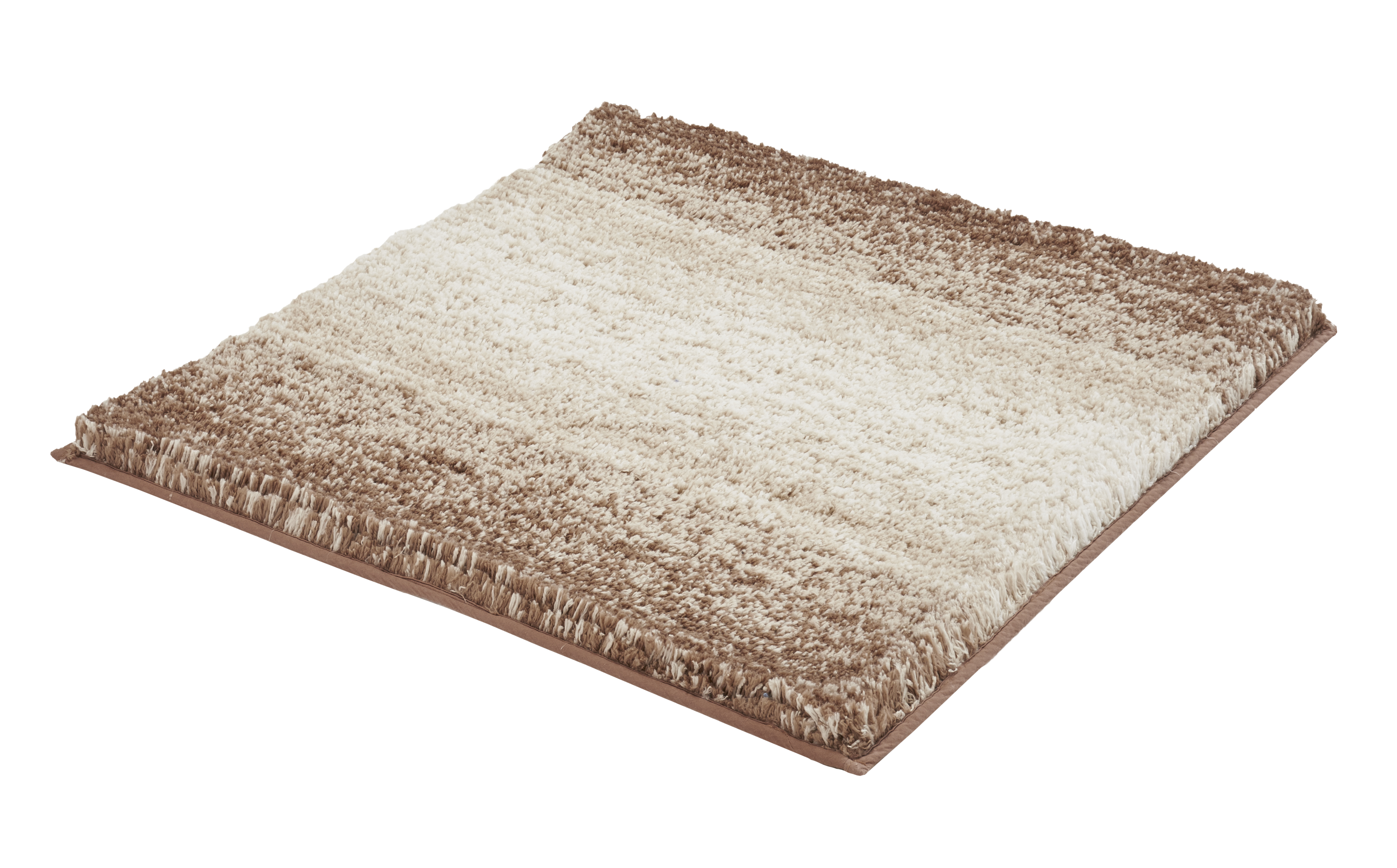 Weicher, rechteckiger Badteppich in Beige- und Brauntönen mit flauschiger Oberfläche und rutschfester Unterseite.