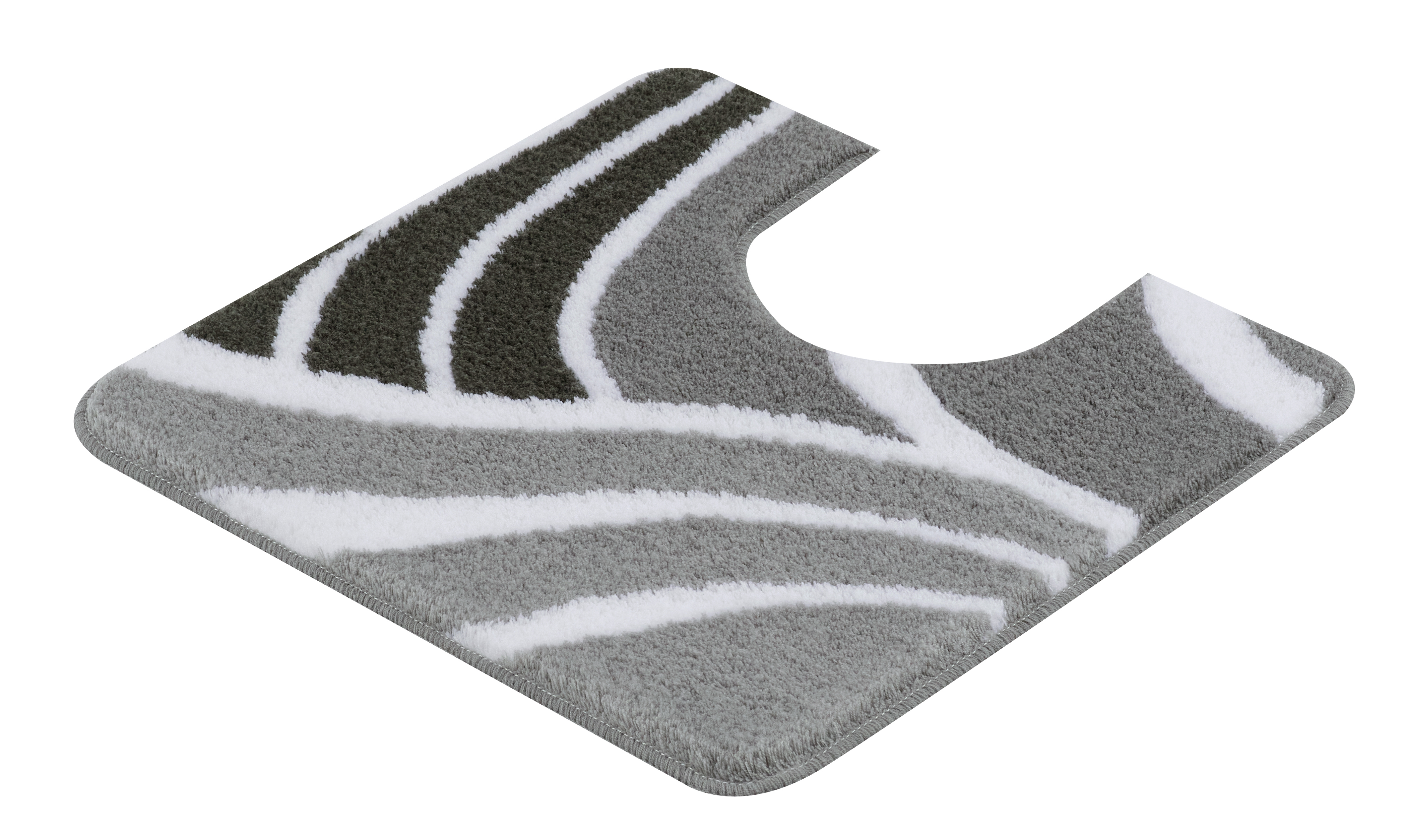 Badezimmerteppich mit modernem, abstraktem Design in Grau- und Weißtönen, passend für Toiletten mit Ausschnitt.