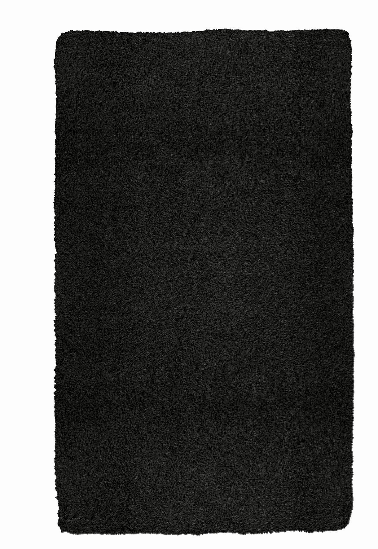 Schwarzer, rechteckiger Badezimmerteppich mit weicher, flauschiger Oberfläche. Ideal für ein modernes Badezimmer.