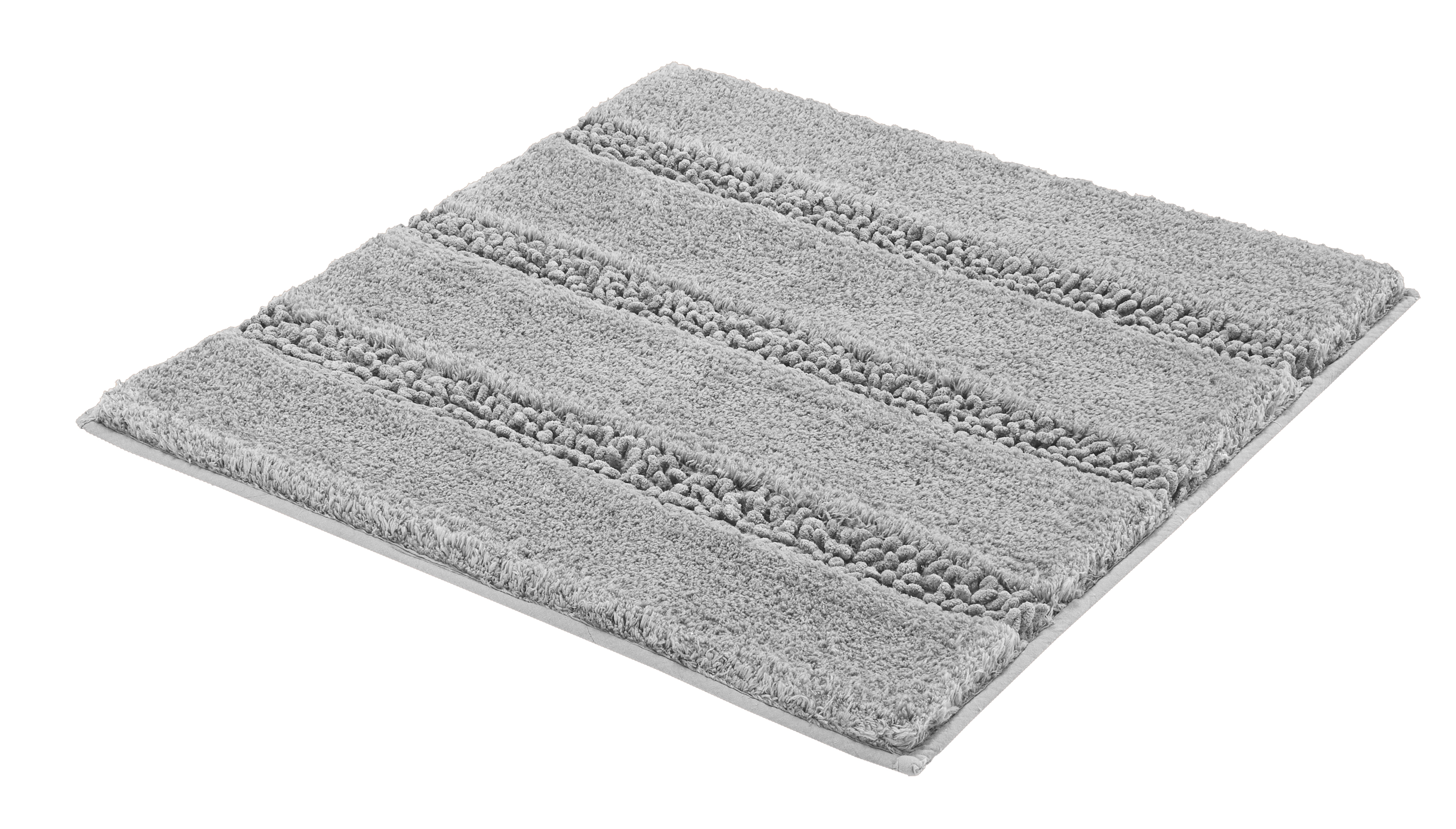 Grauer, quadratischer Badezimmerteppich mit weicher, strukturierter Oberfläche und Streifenmuster.