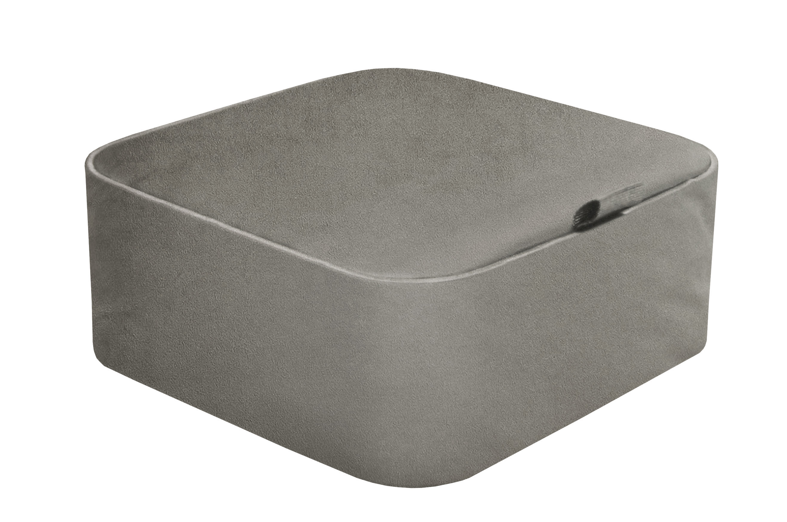 Grauer, quadratischer Sitzpouf mit weicher Oberfläche und abgerundeten Ecken. Ideal für modernes Wohnambiente.