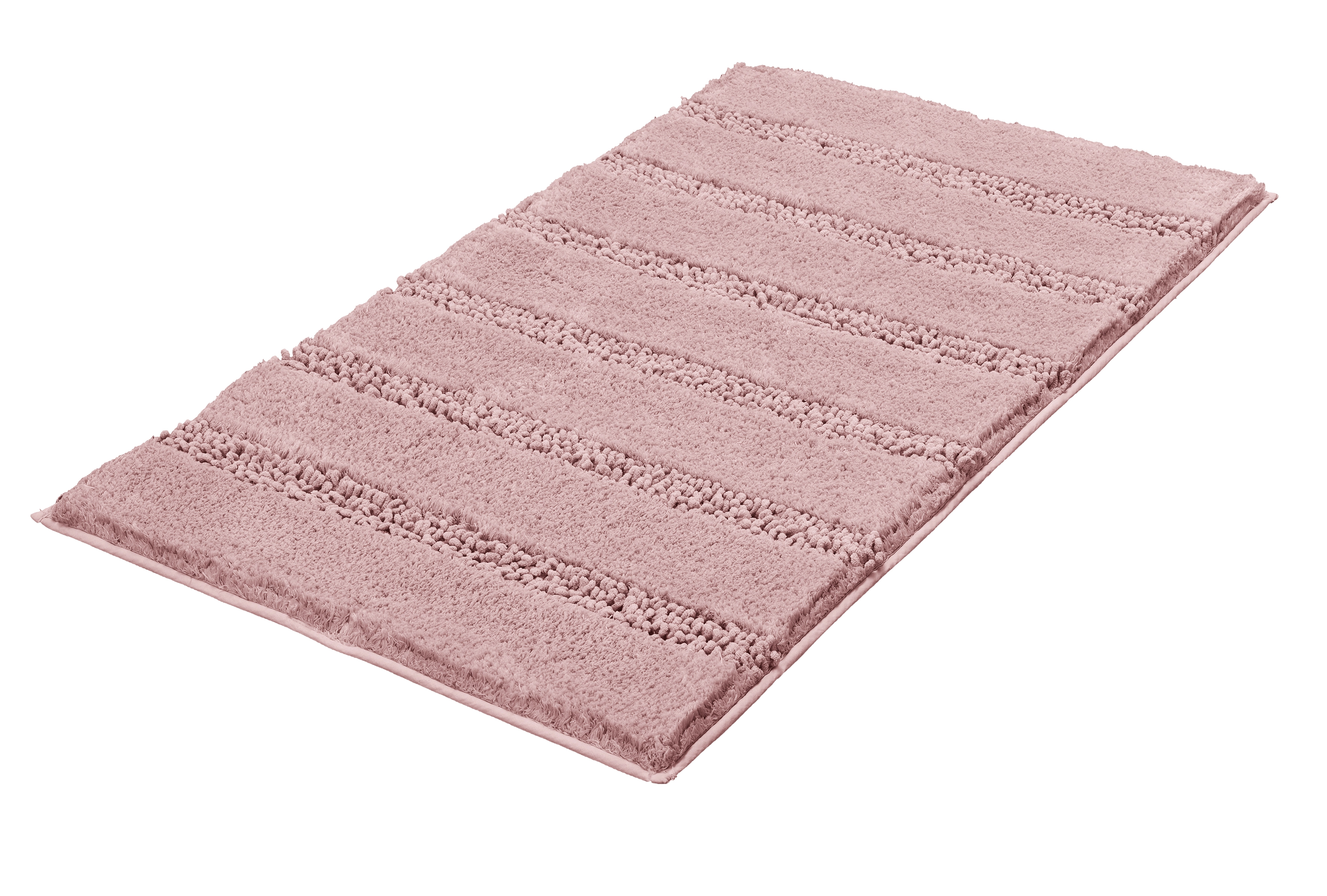 Rosa Badematte mit weicher, strukturierter Oberfläche und Streifenmuster. Ideal für ein gemütliches Badezimmer.