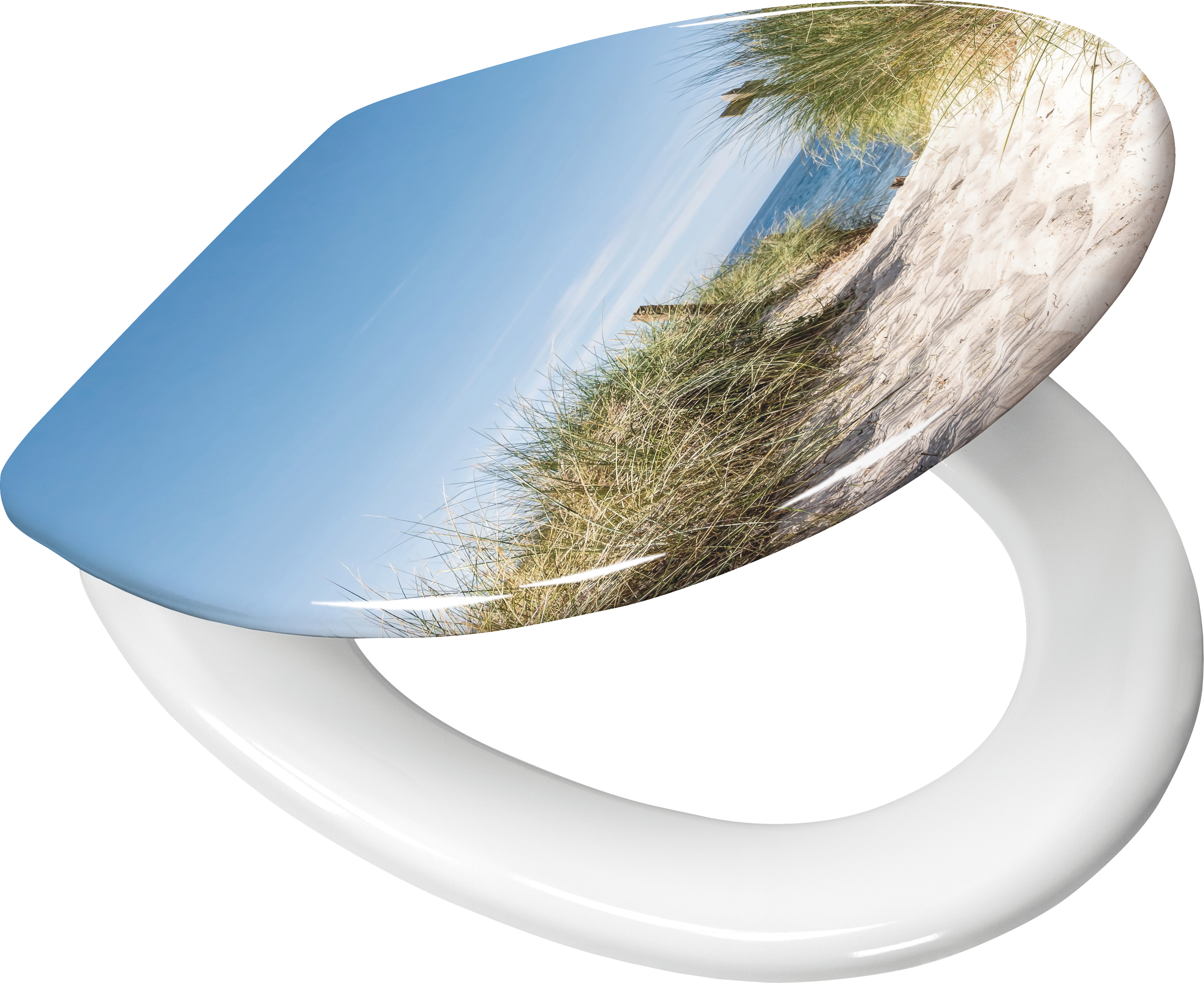 WC-Sitz mit Strandmotiv, weicher Sand und Dünen im Vordergrund, blauer Himmel und Meer im Hintergrund.