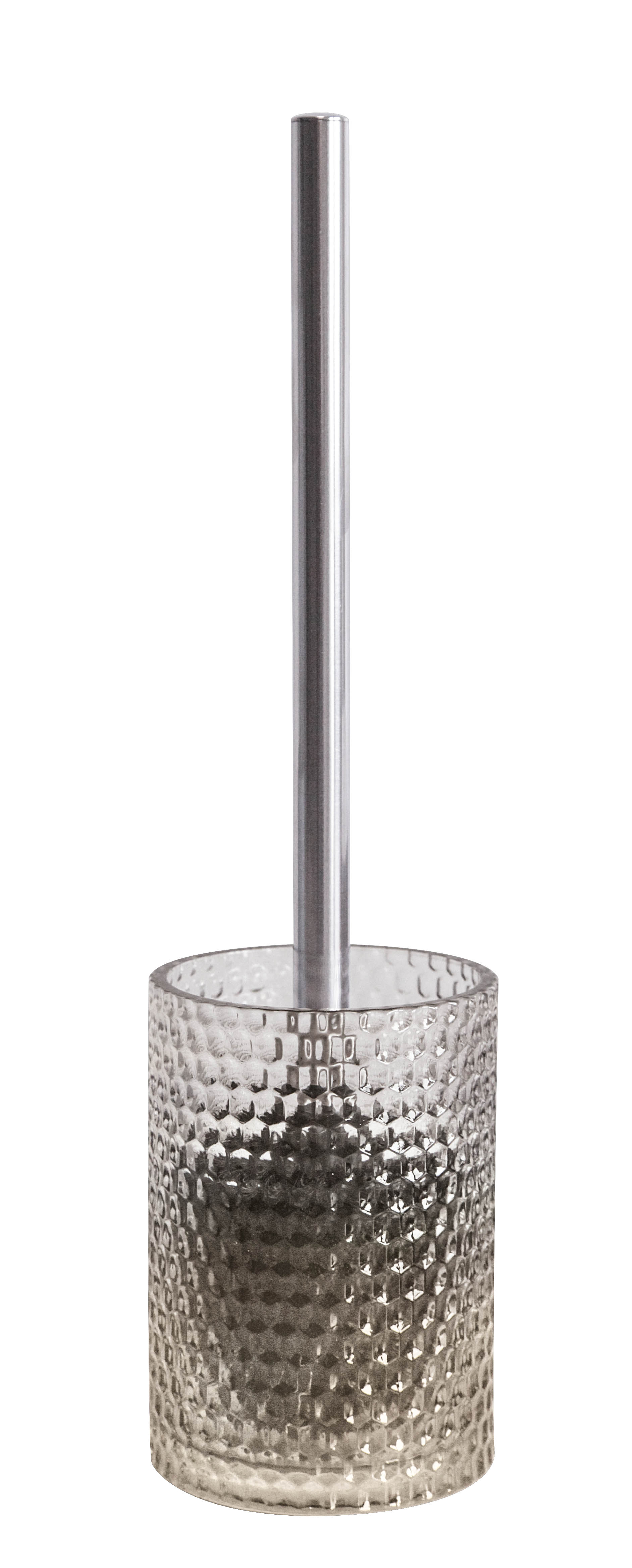 Toilettenbürstenhalter aus Glas mit gehämmerter Oberfläche und silbernem Griff, modernes und elegantes Design.