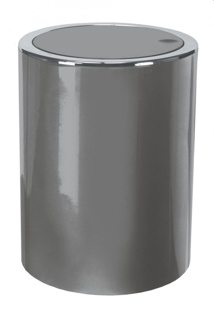 4004478258259 Moderner, zylindrischer Abfalleimer in glänzendem Grau mit schwenkbarem Deckel. Ideal für Bad oder Büro.