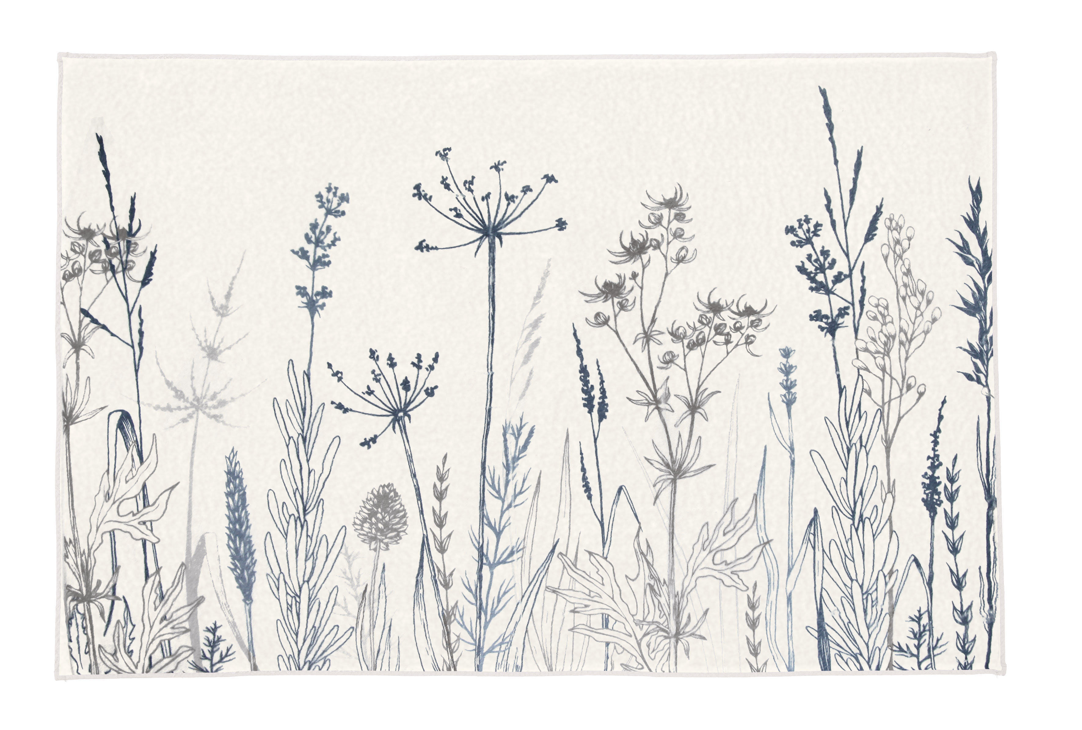 Badematte mit zartem Blumenmuster in Blau- und Grautönen, inspiriert von einer natürlichen Wiesenlandschaft.