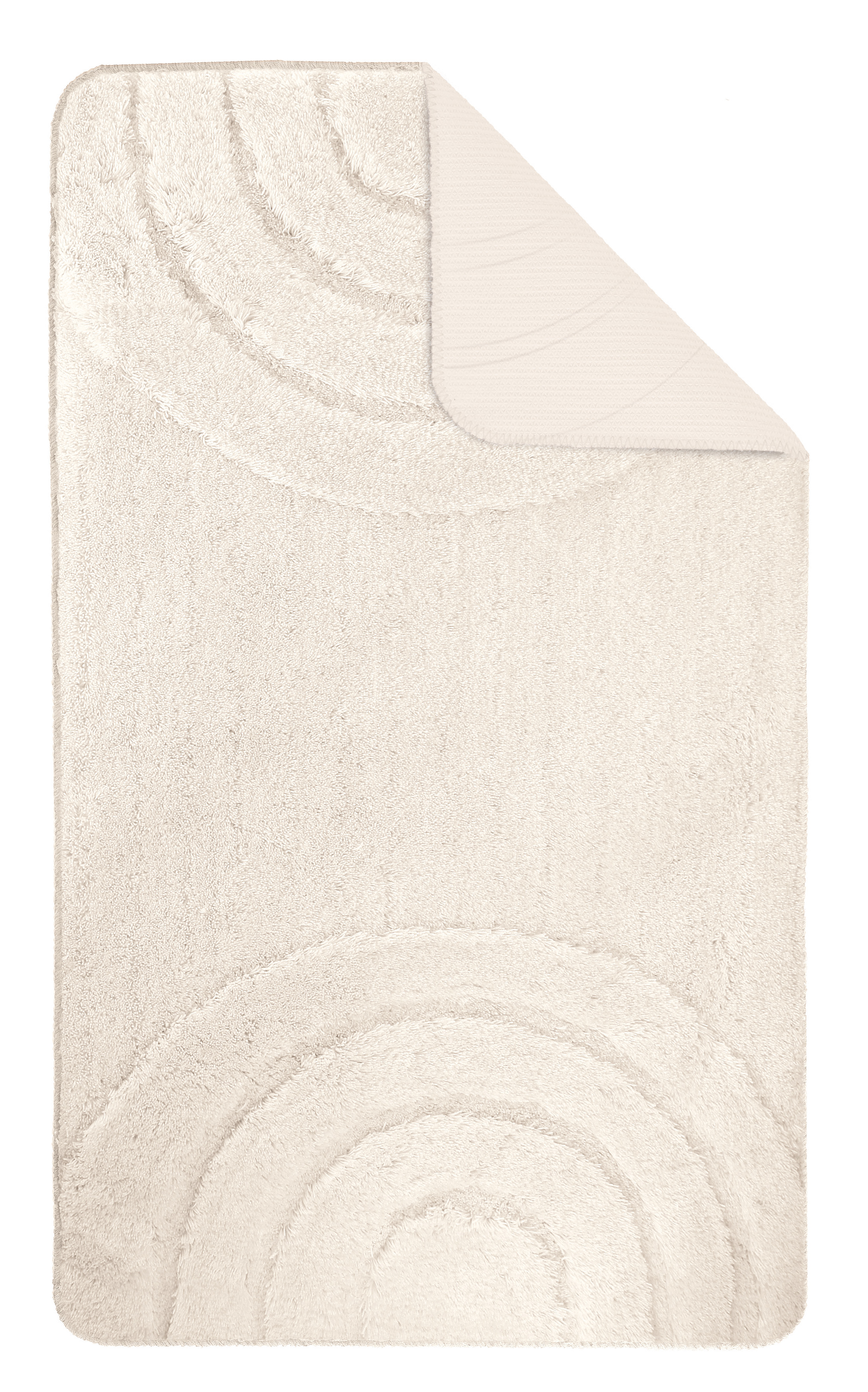 Beiger Badteppich mit dezentem Kreismuster, weicher Flor, rutschfeste Rückseite, ideal für Badezimmer.