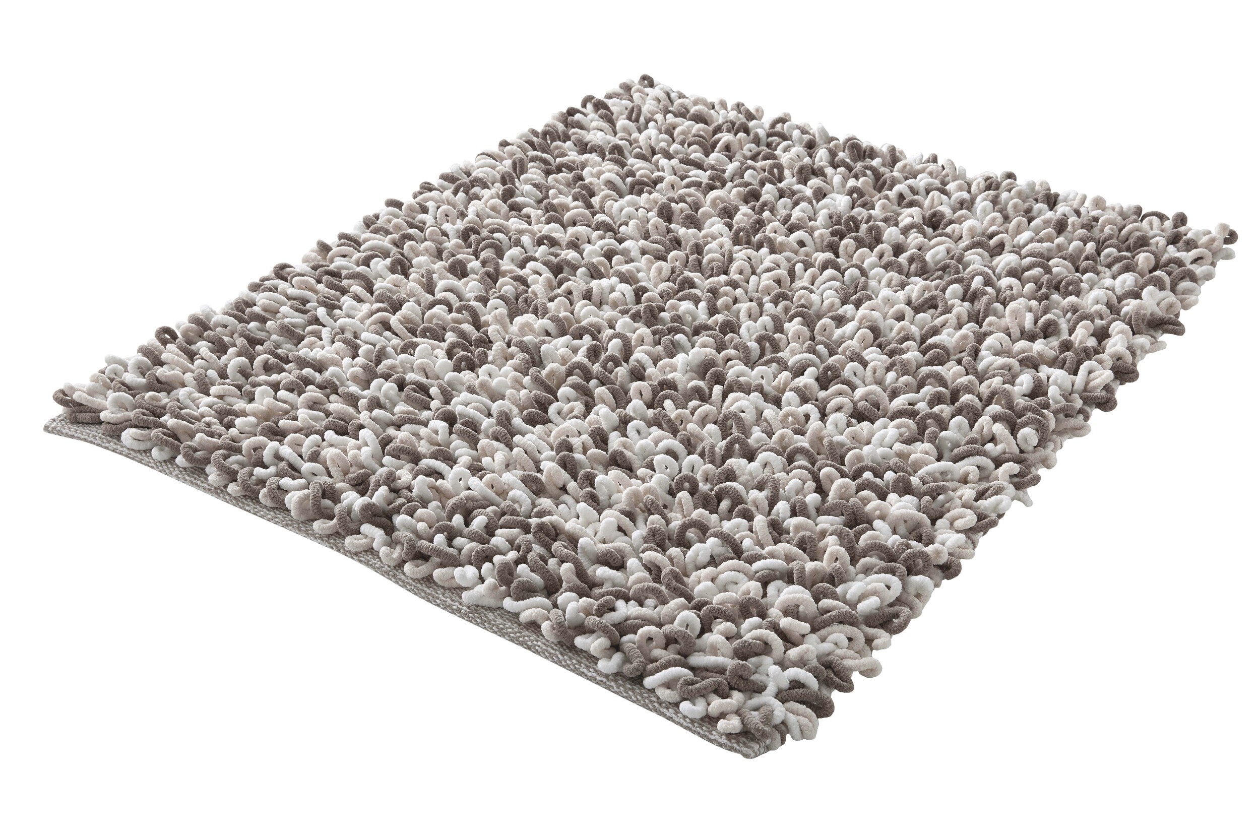 Badteppich SLING Macadamia 55 x 65 cm Weicher, rechteckiger Badteppich in Beige- und Grautönen mit flauschiger, strukturierter Oberfläche.
