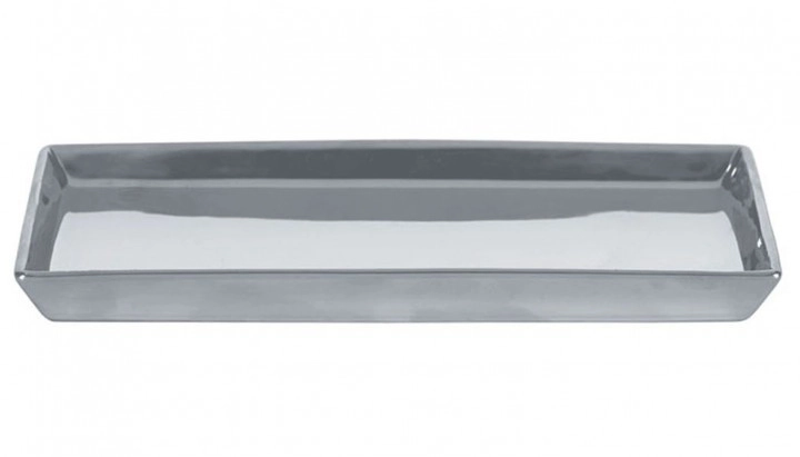 4,00448E+12 Rechteckige, silberne Ablageschale aus glänzendem Material, ideal für Badezimmer oder Küche. Modernes, minimalistisches Design.