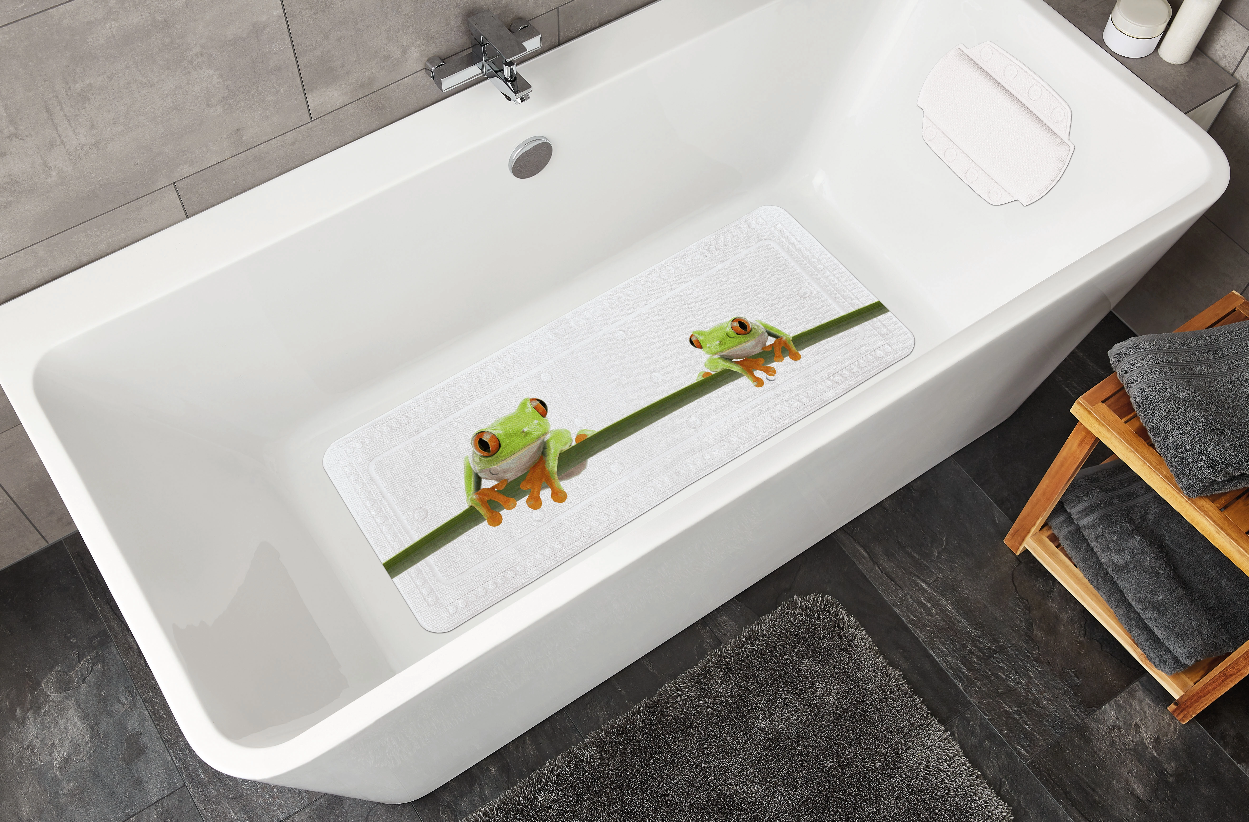 Rutschfeste Badewannenmatte mit Froschmotiv, ideal für sicheren Badespaß.