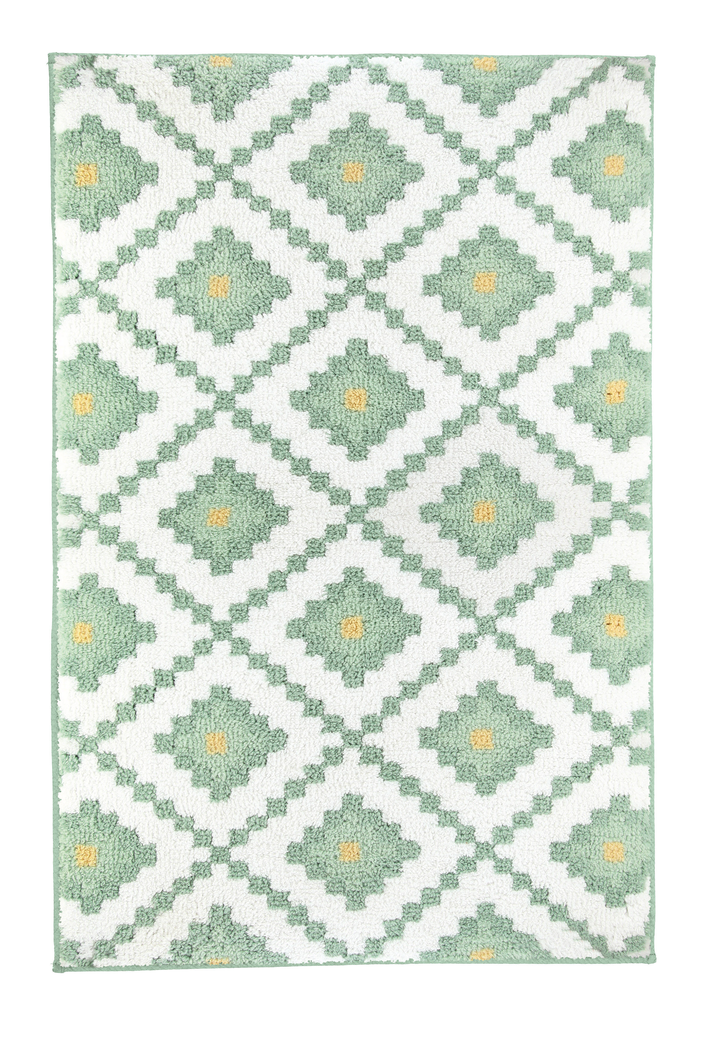 Badteppich ALHAMBRA Maledivia 60 x 100 cm Weicher Badteppich mit grünem Rautenmuster und gelben Akzenten auf weißem Hintergrund. Ideal für ein stilvolles Badezimmer.