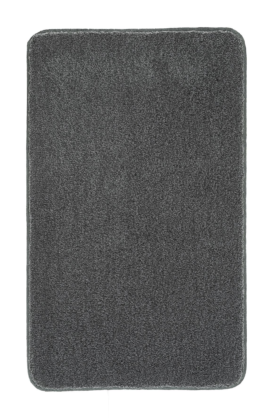 Grauer, rechteckiger Badezimmerteppich mit weicher, flauschiger Oberfläche. Ideal für ein modernes und gemütliches Badezimmer.