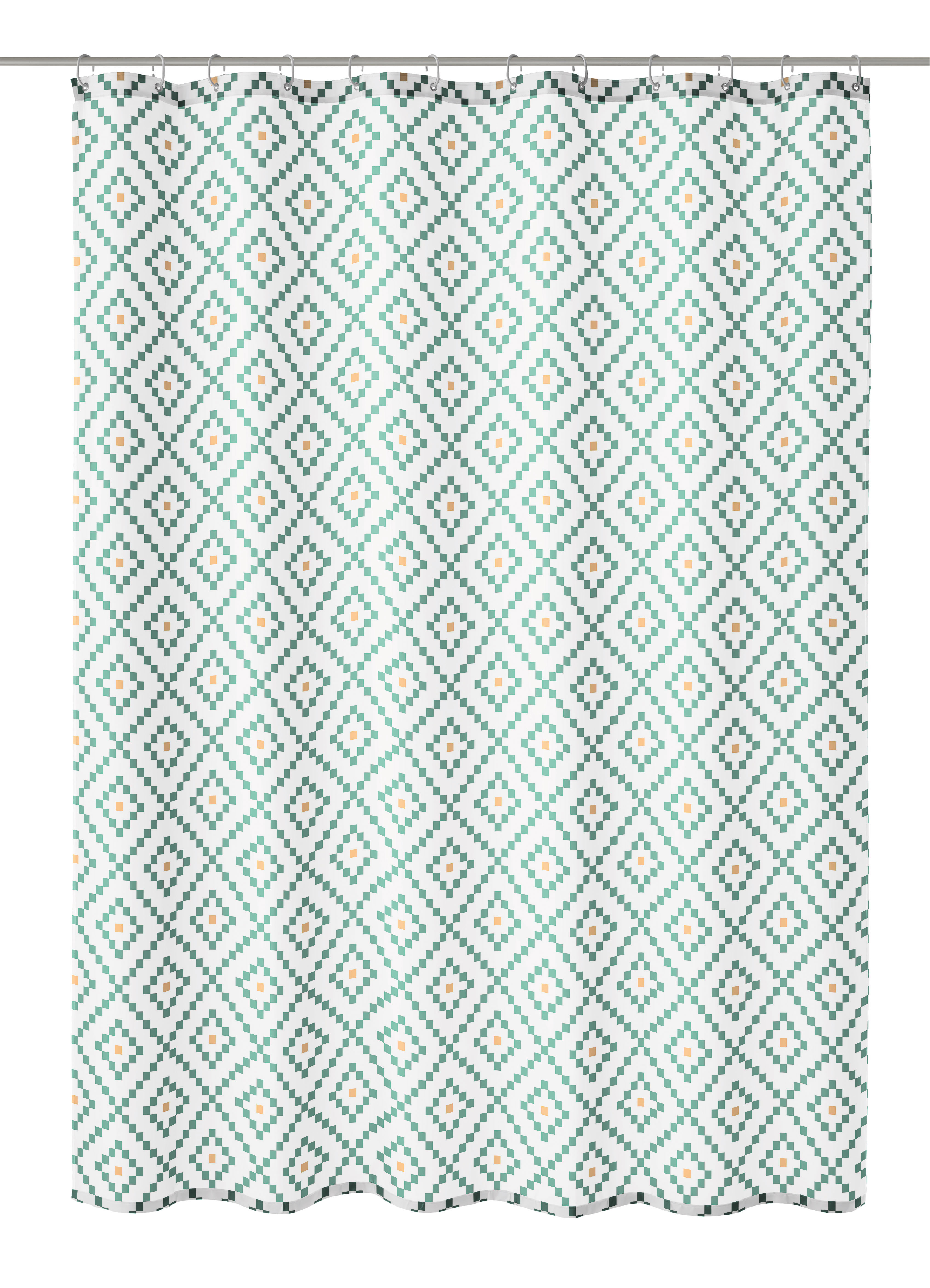 Duschvorhang Textil ALHAMBRA Maledivia 180 x 200 cm Duschvorhang mit geometrischem Rautenmuster in Grün und Weiß, Akzente in Rosa. Ideal für ein modernes Badezimmer.