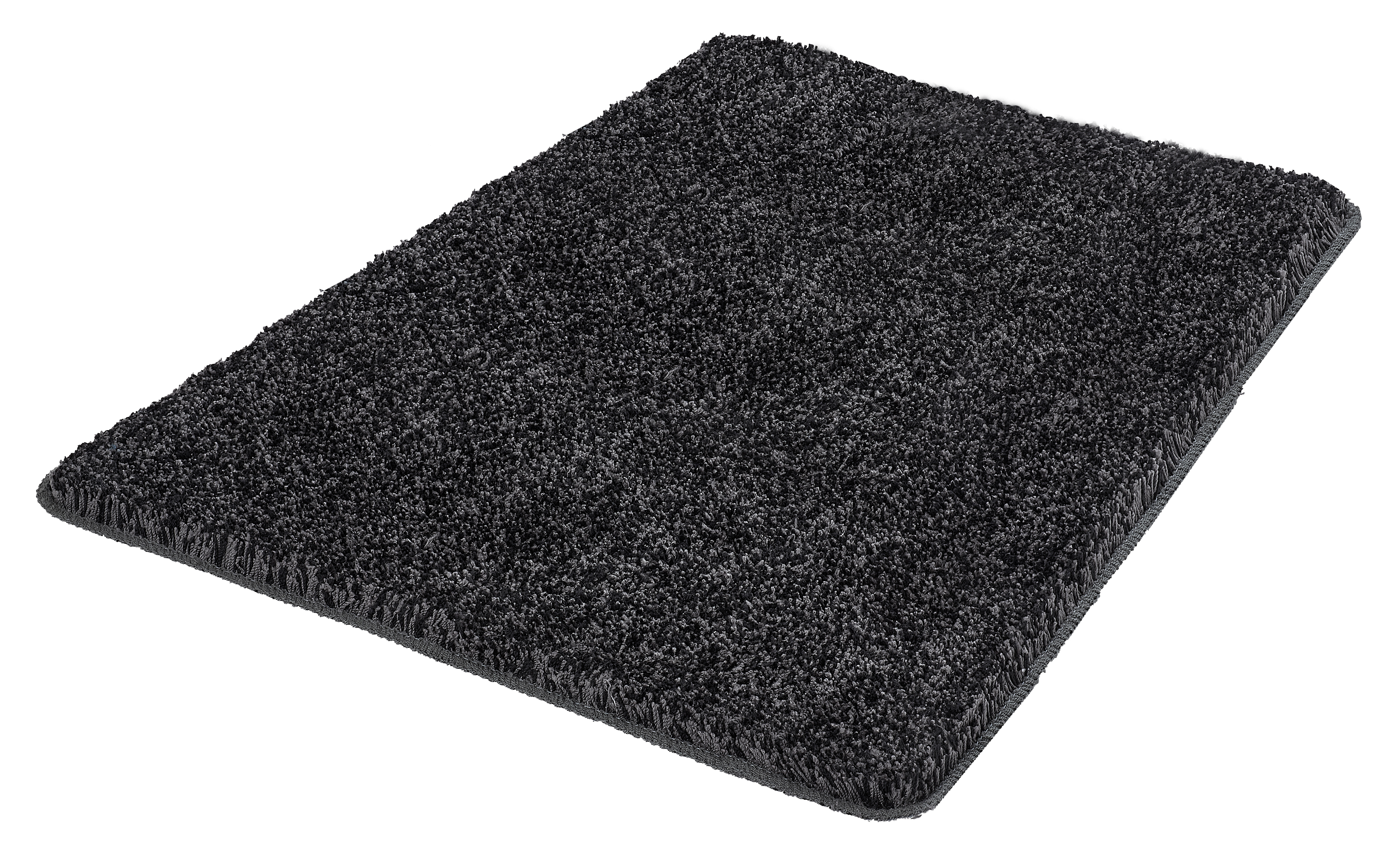 Rechteckiger, dunkelgrauer Hochflor-Teppich mit weicher, flauschiger Oberfläche. Ideal für Wohn- und Schlafzimmer.