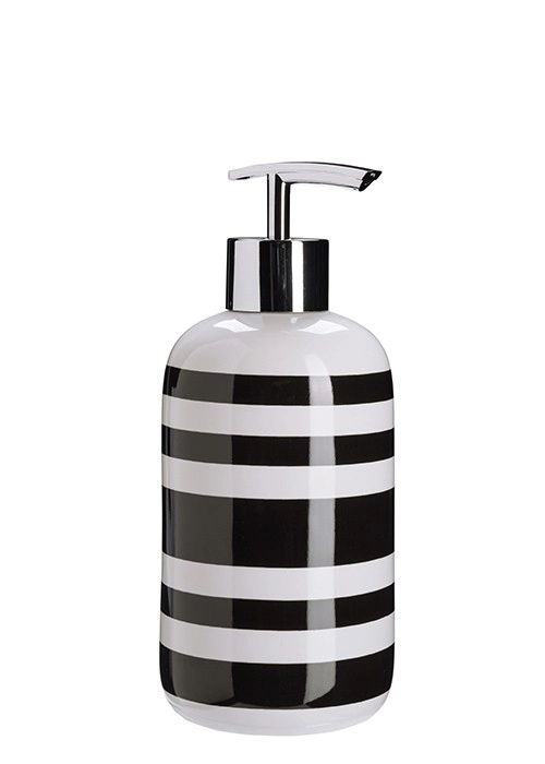 4004478301627 Seifenspender mit modernem schwarz-weißem Streifenmuster und glänzendem Chrom-Pumpkopf. Ideal für stilvolle Badezimmer.