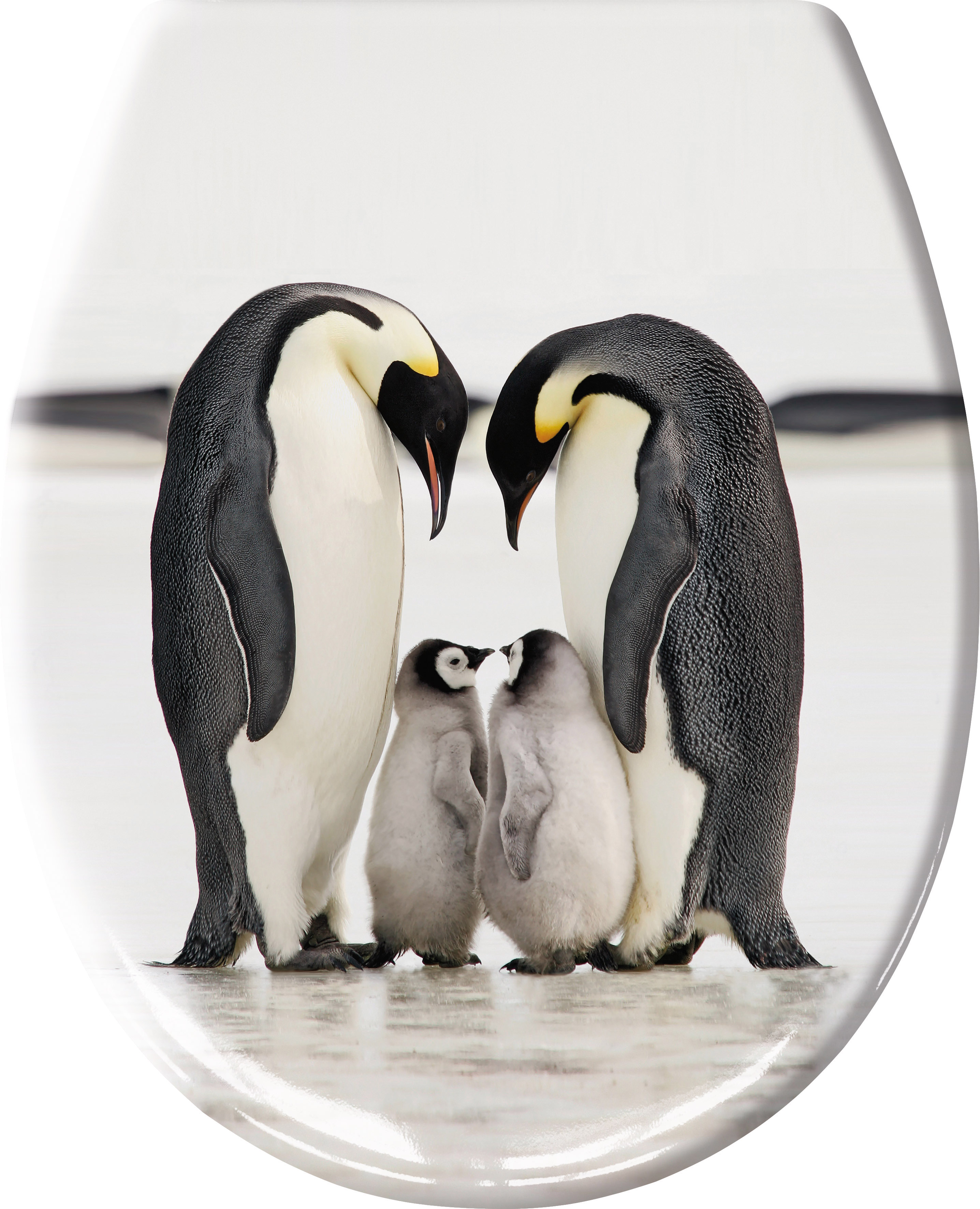 WC-Sitz mit Pinguin-Motiv: Zwei erwachsene Pinguine und zwei Küken in einer winterlichen Landschaft.