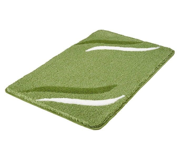 Grüne Badematte mit weißen und dunkelgrünen geschwungenen Linien, rechteckig, weiche Oberfläche, modernes Design.