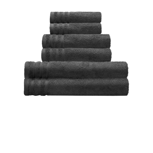 Set aus weichen, dunkelgrauen Handtüchern mit eleganten Streifen, ideal für ein stilvolles Badezimmer.