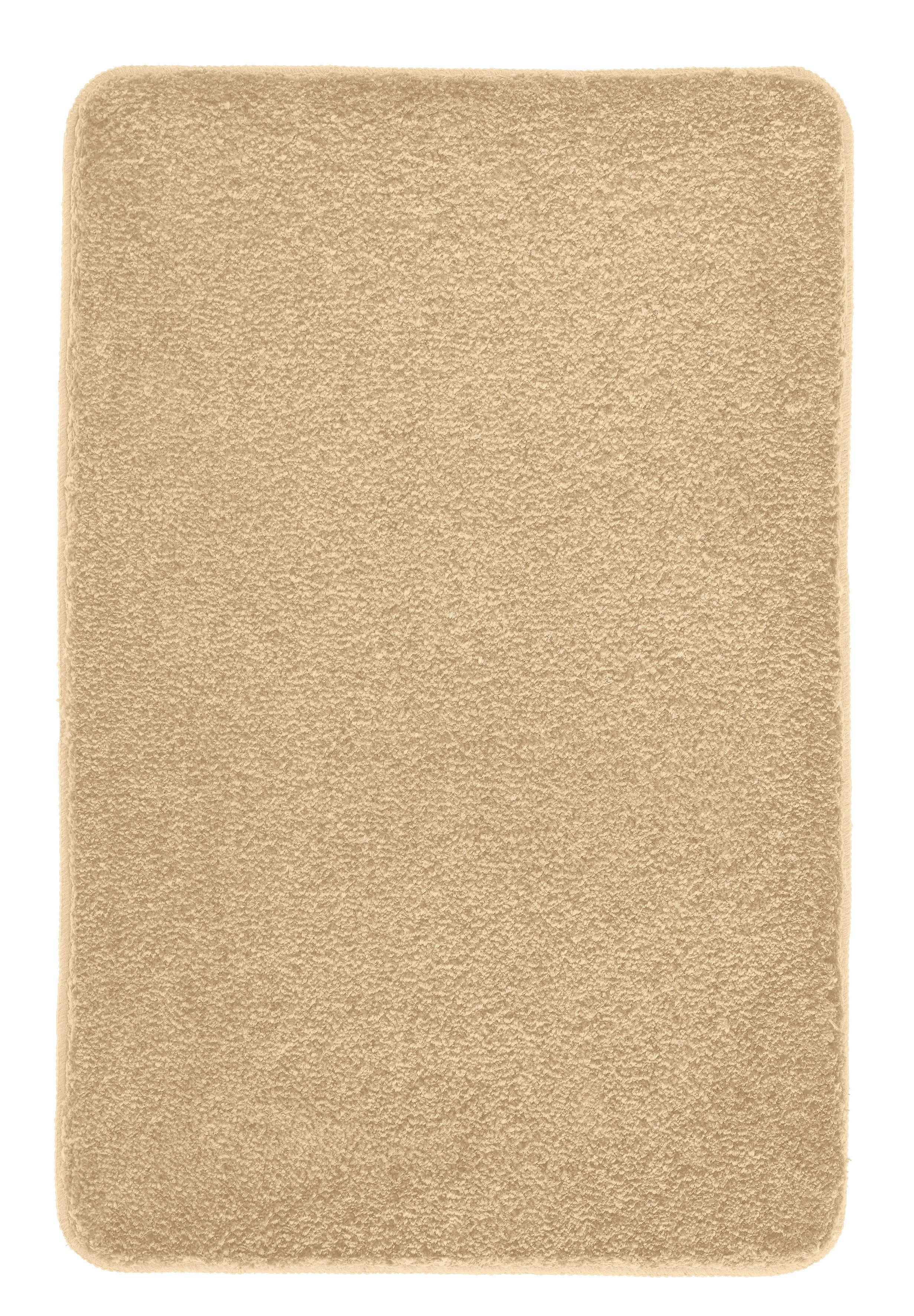 Weicher, rechteckiger Badteppich in Beige mit abgerundeten Ecken, ideal für ein gemütliches Badezimmerambiente.