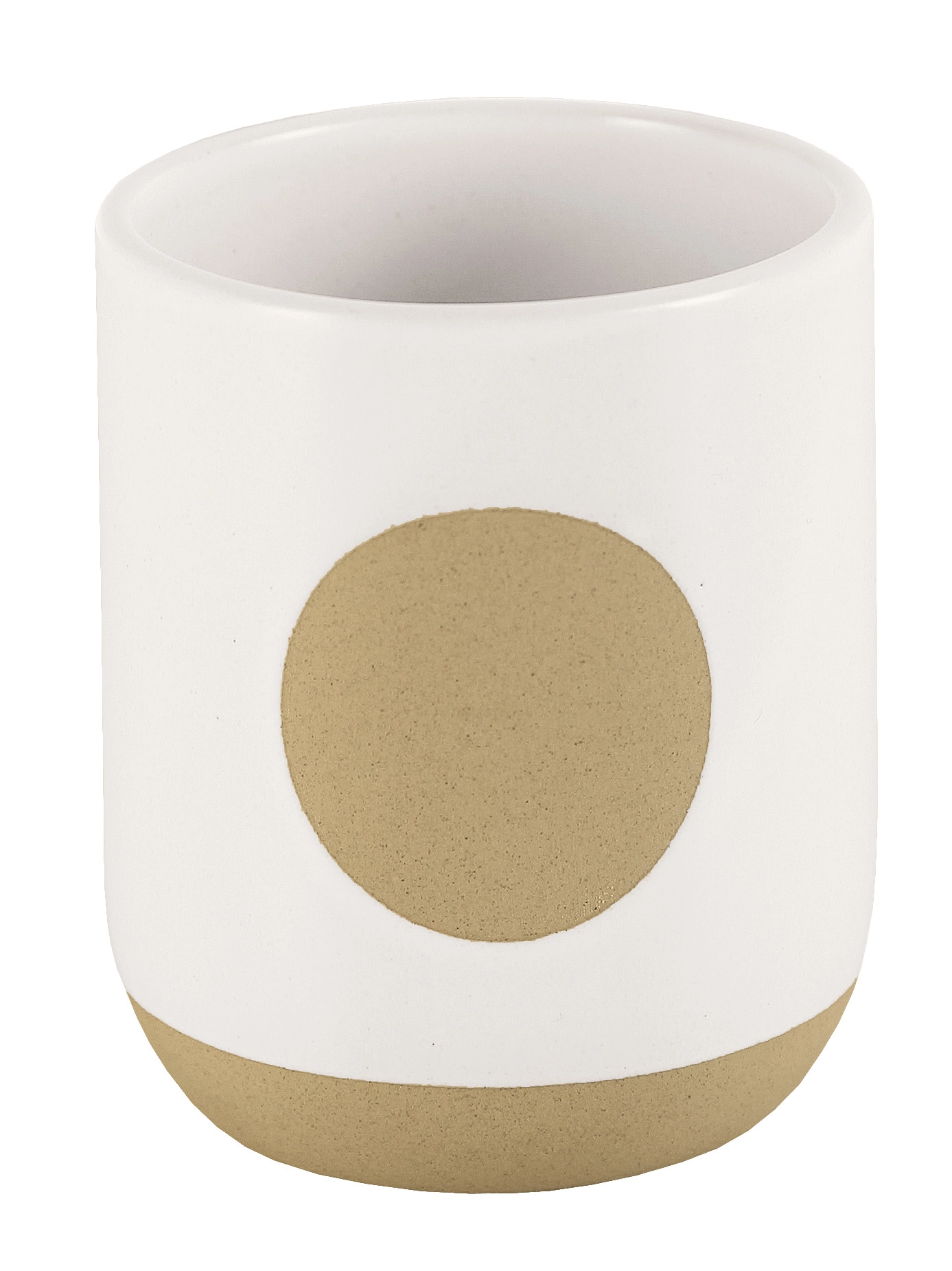 Zahnputzbecher SPOT Weiß Moderner, weißer Keramikbecher mit beigem Kreis und beigem Boden. Ideal für Badezimmer oder Küche.