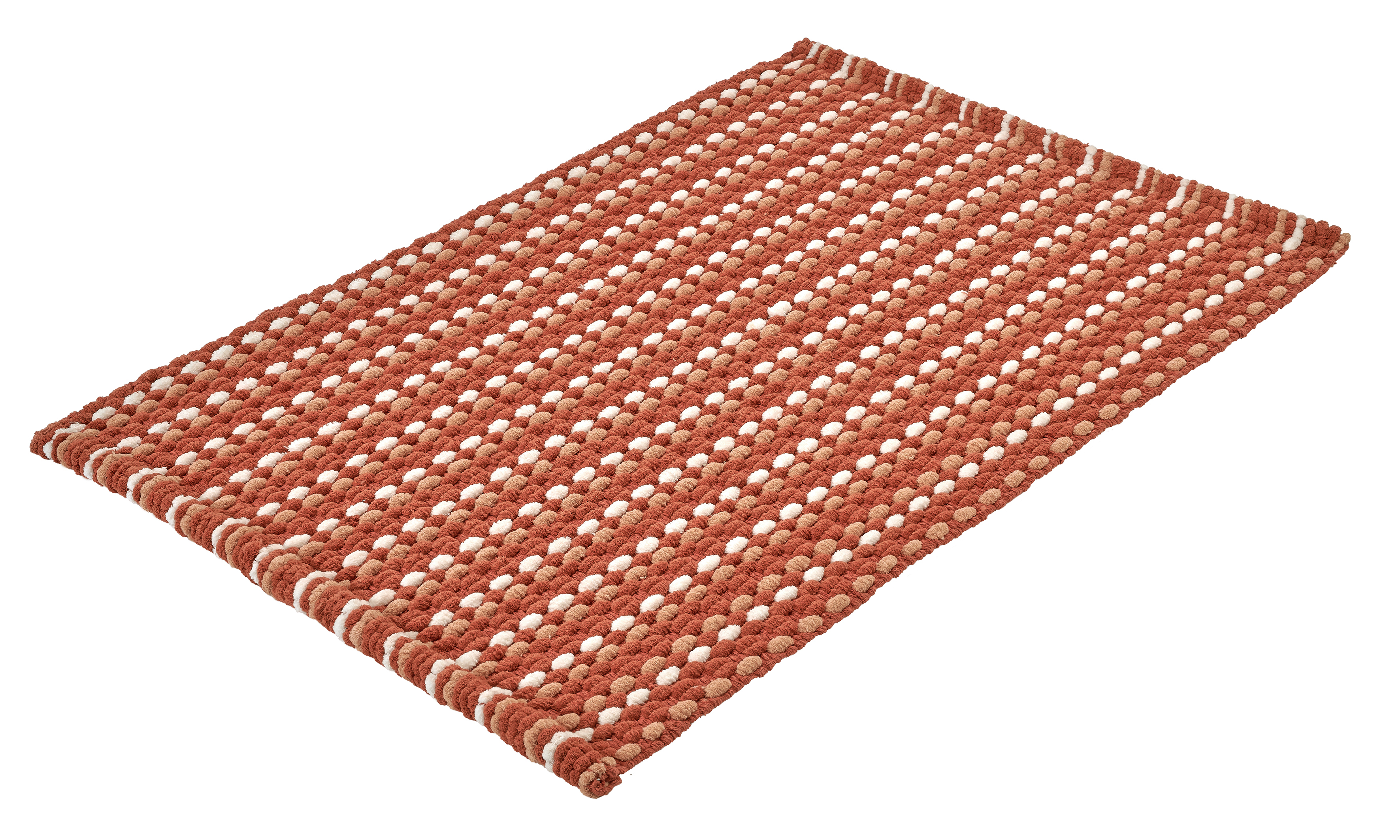 Roter Badteppich mit weißen Streifen, weiche Textur, rechteckige Form, ideal für Badezimmer und Wohnräume.