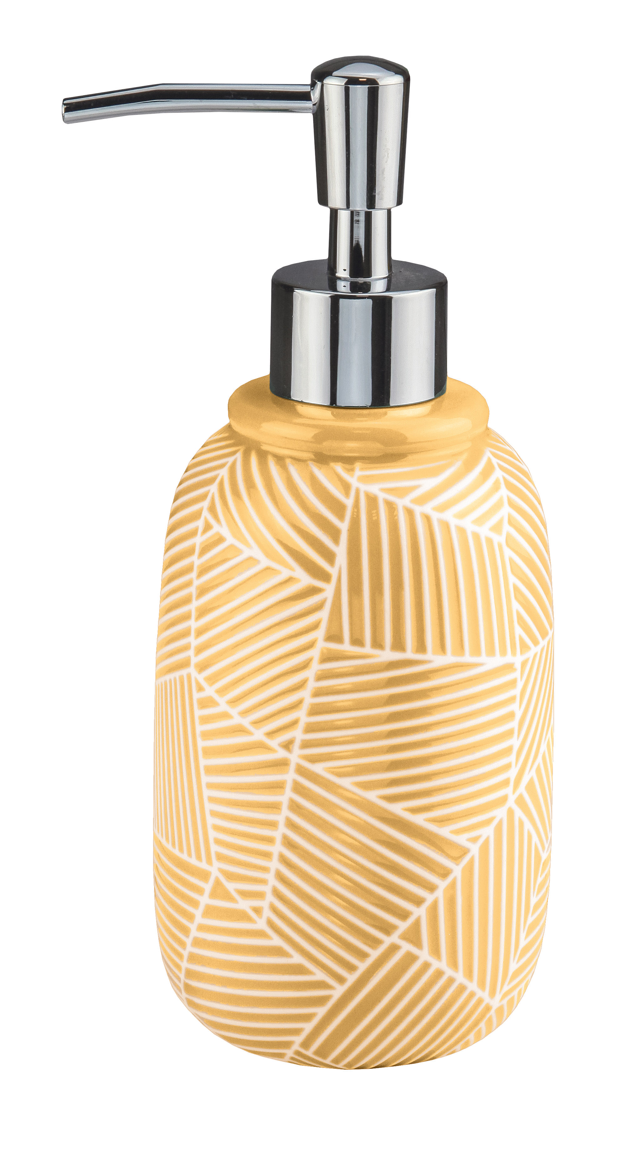 Seifenspender mit gelbem, geometrischem Muster und silbernem Pumpkopf. Modernes Design für stilvolle Badezimmer.