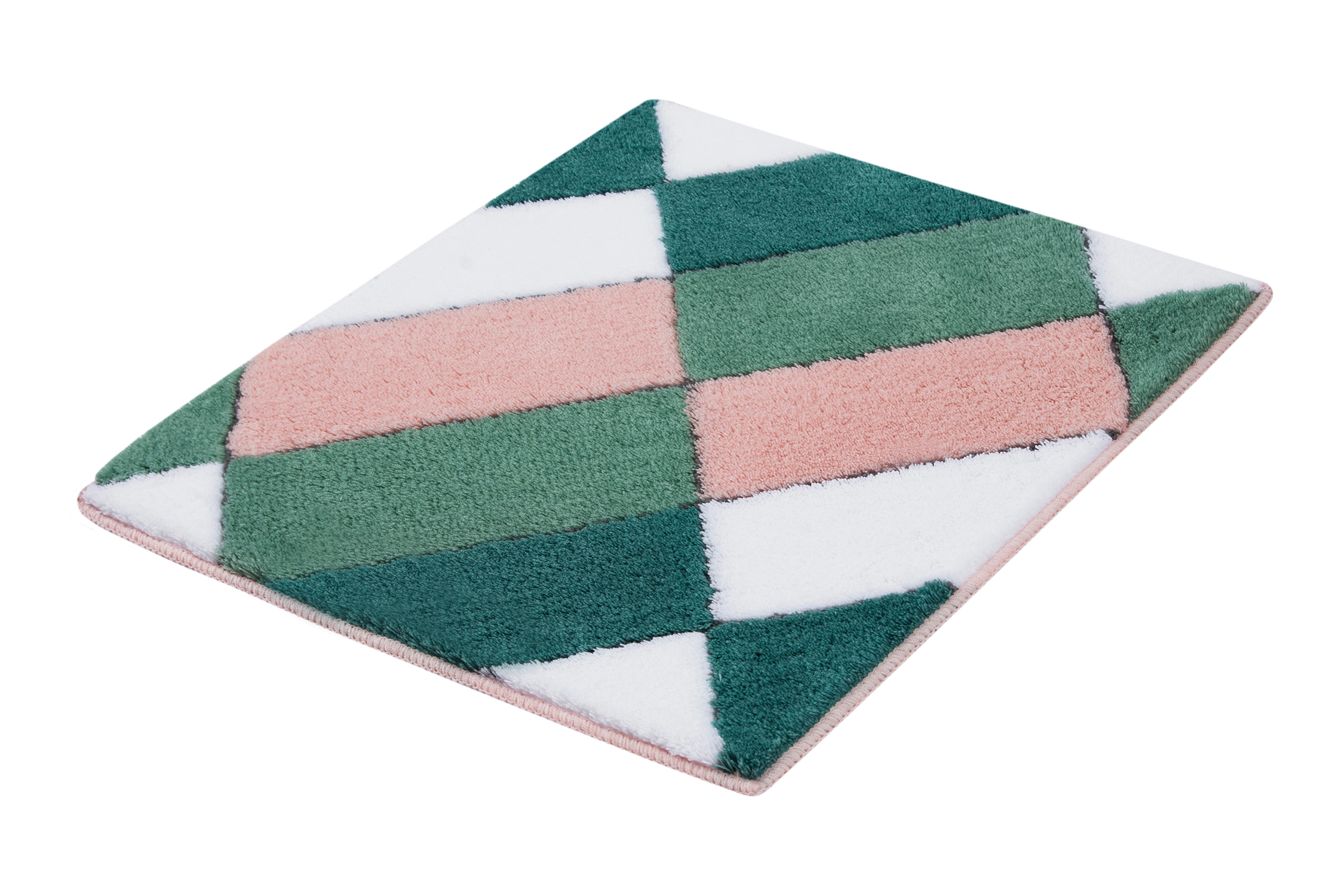 Badematte mit geometrischem Muster in Grün, Rosa und Weiß, weiche Oberfläche, ideal für Badezimmer und Wohnräume.