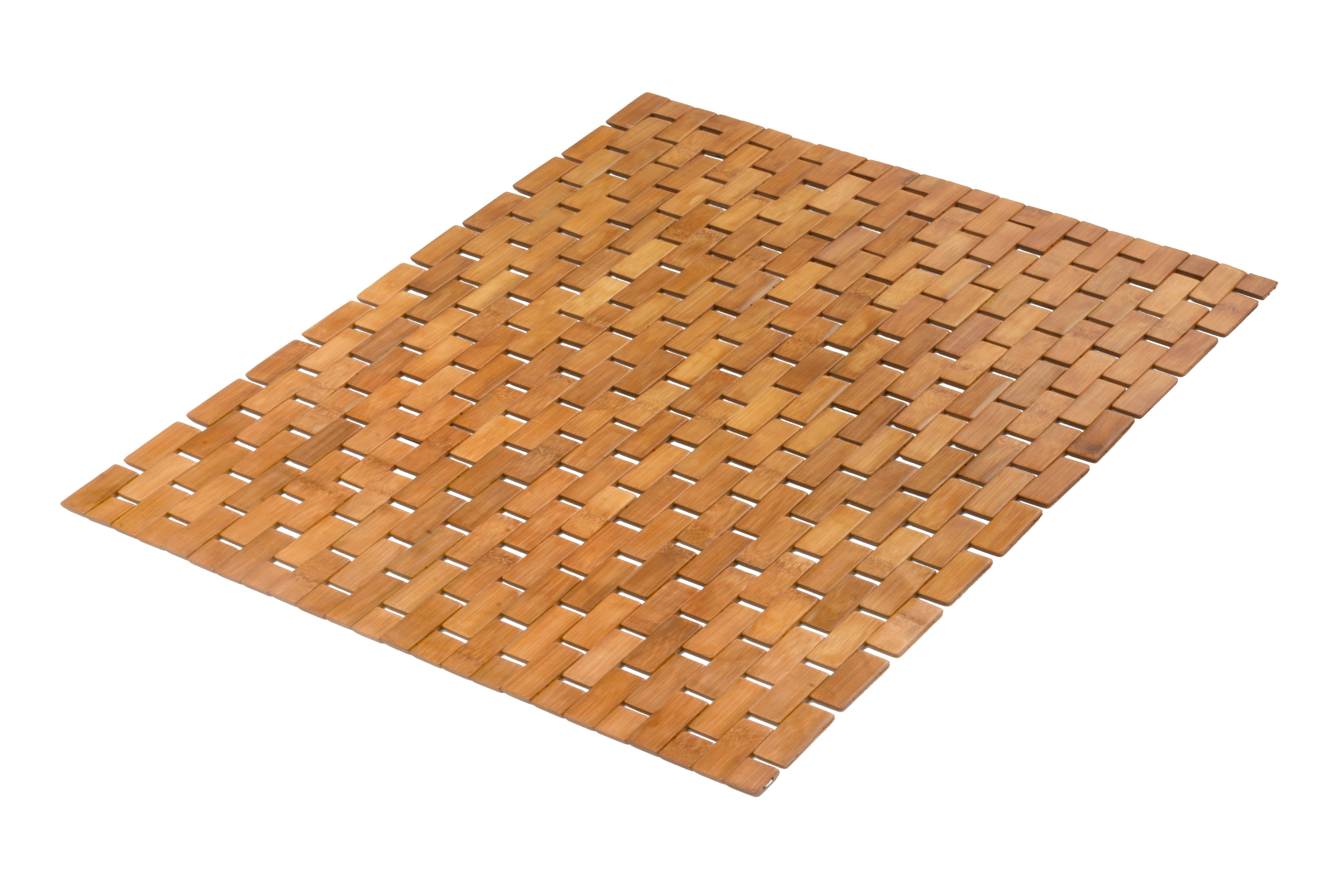 Badematte aus Holz in rechteckiger Form mit geflochtenem Design, ideal für Badezimmer und Wellnessbereiche.